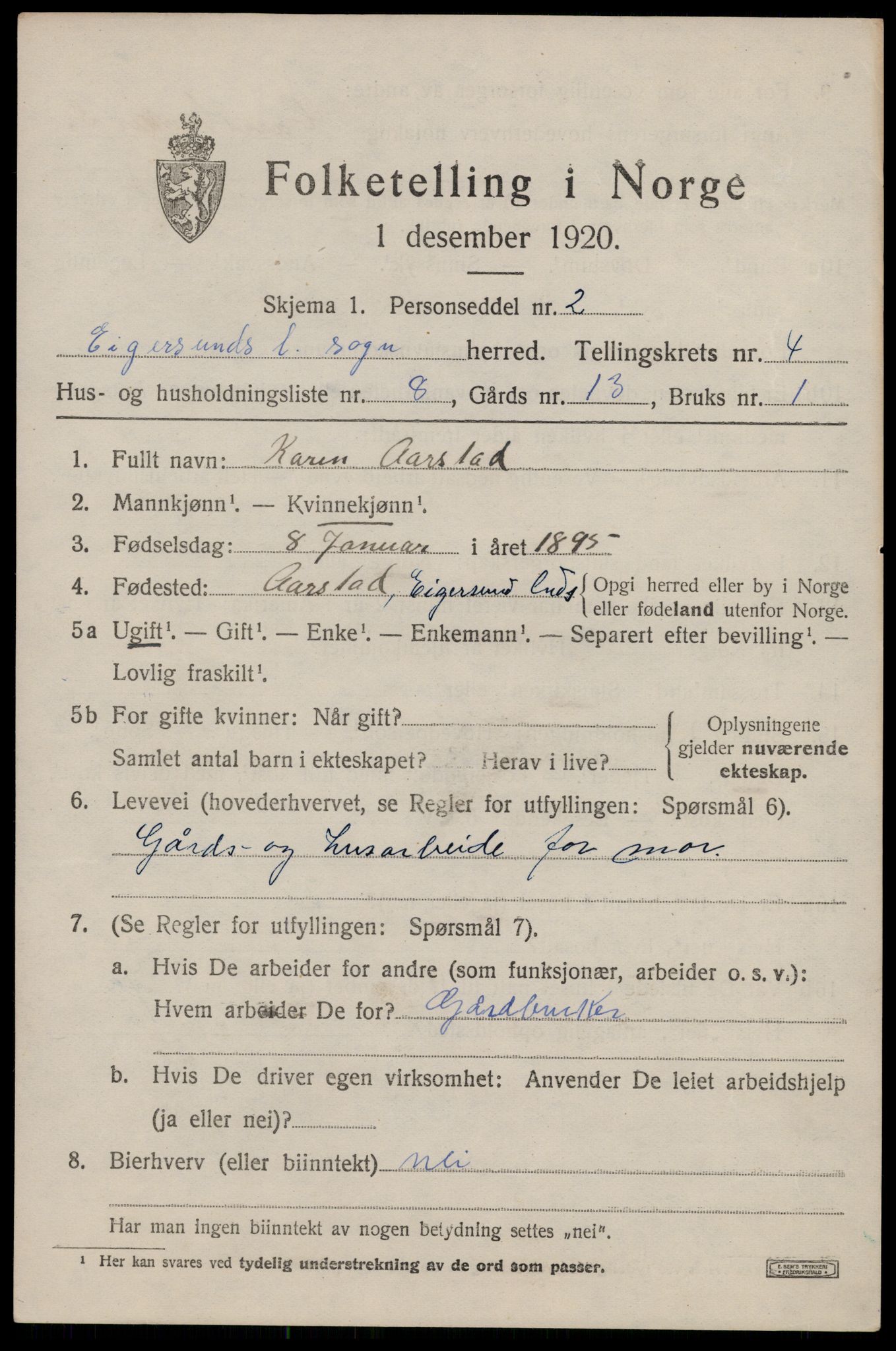 SAST, Folketelling 1920 for 1116 Eigersund herred, 1920, s. 2897