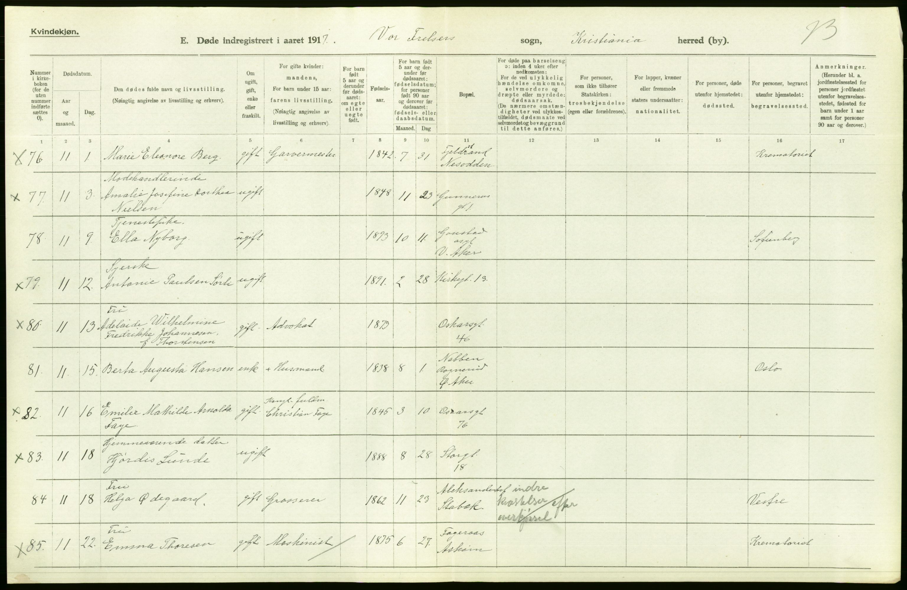 Statistisk sentralbyrå, Sosiodemografiske emner, Befolkning, AV/RA-S-2228/D/Df/Dfb/Dfbg/L0010: Kristiania: Døde, 1917, s. 82