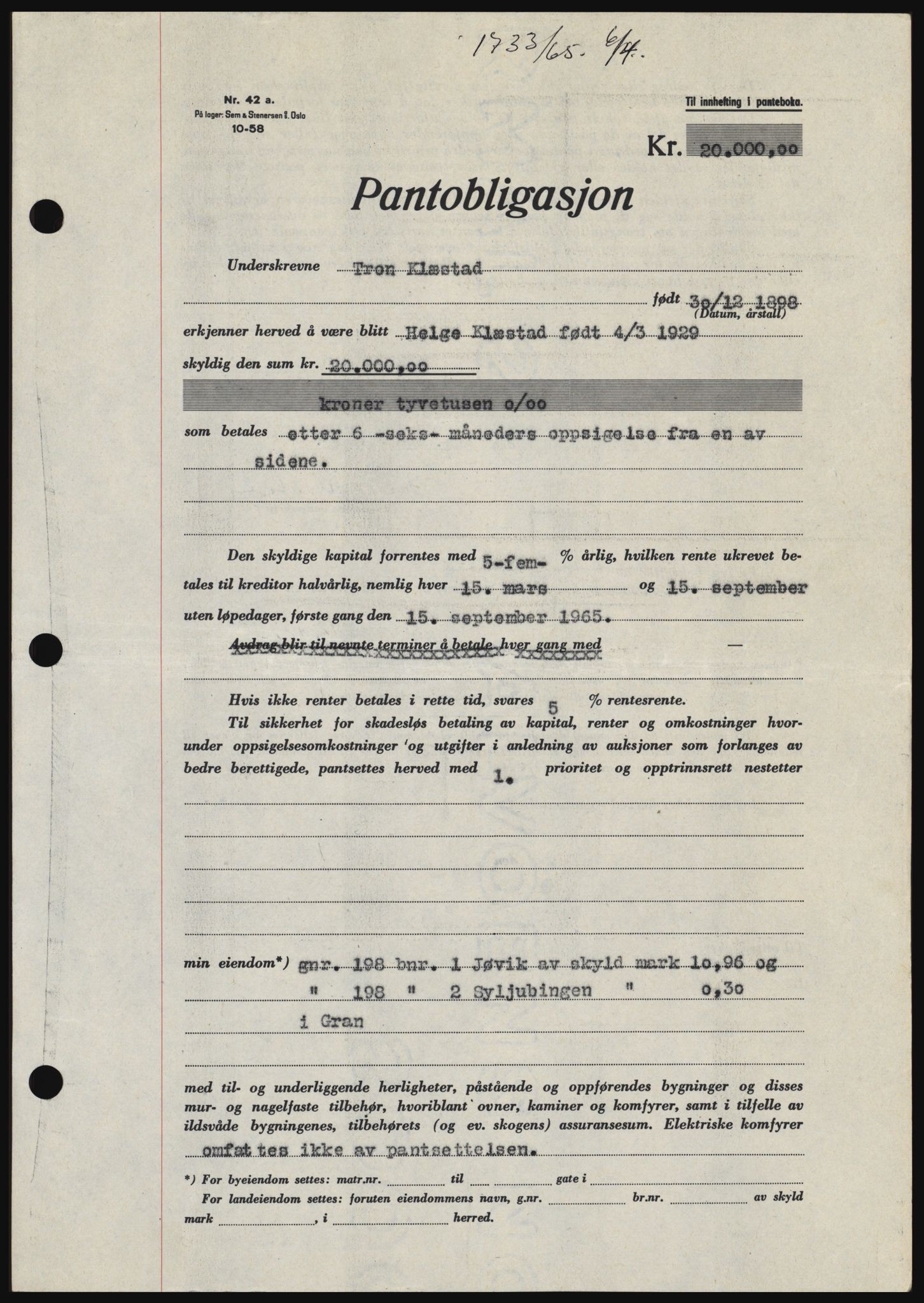 Hadeland og Land tingrett, SAH/TING-010/H/Hb/Hbc/L0058: Pantebok nr. B58, 1965-1965, Dagboknr: 1733/1965