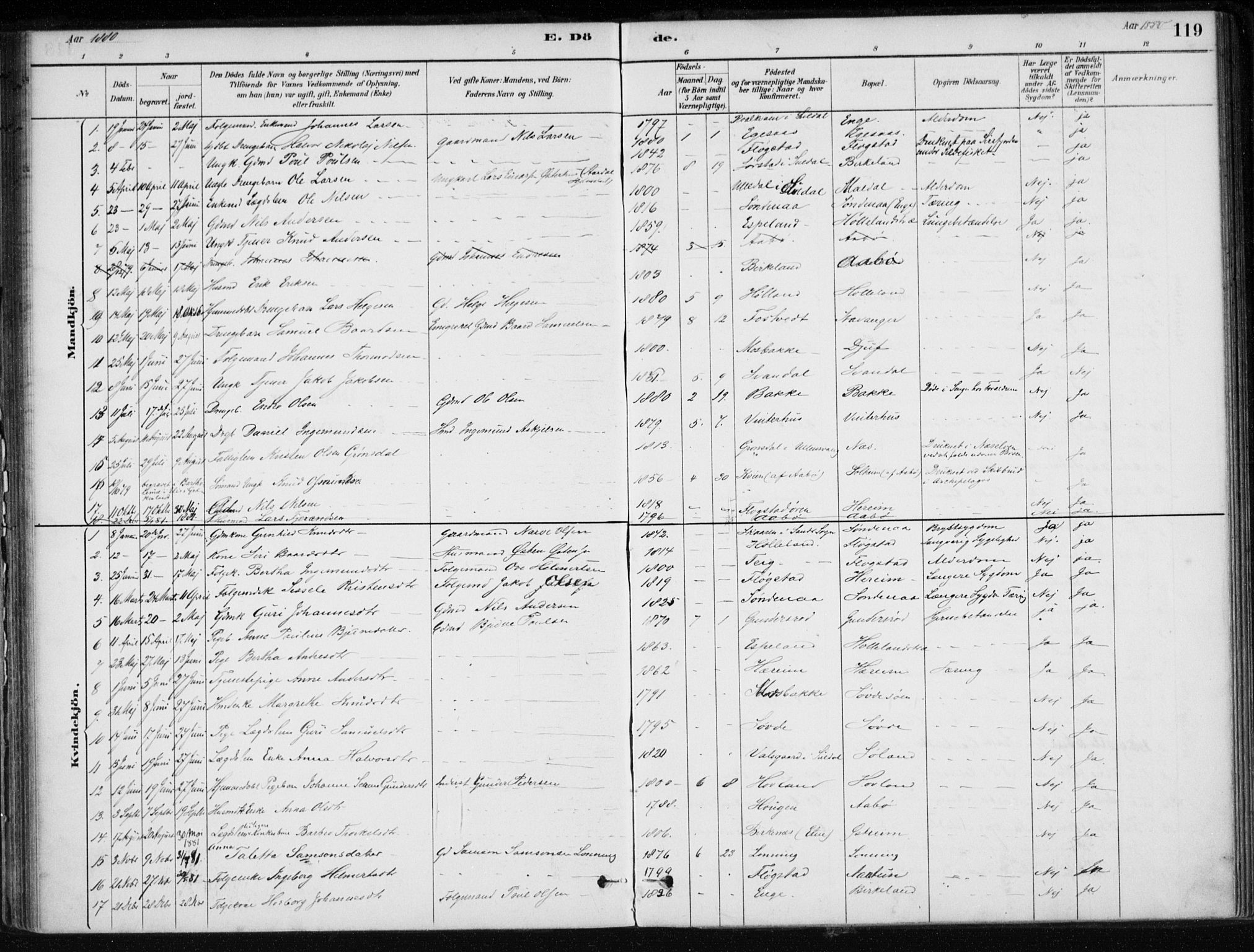 Sand sokneprestkontor, AV/SAST-A-101848/01/III/L0006: Ministerialbok nr. A 6, 1880-1898, s. 119