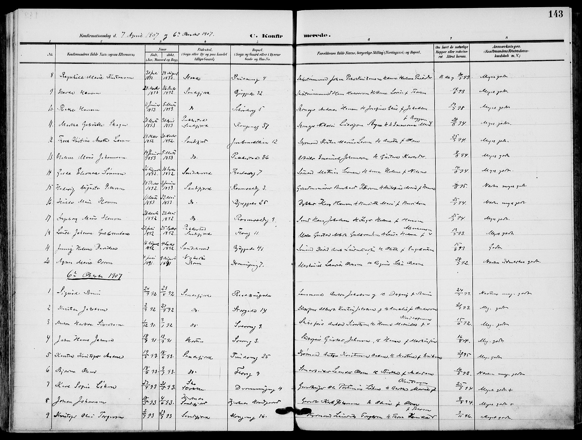 Sandefjord kirkebøker, AV/SAKO-A-315/F/Fa/L0005: Ministerialbok nr. 5, 1906-1915, s. 143