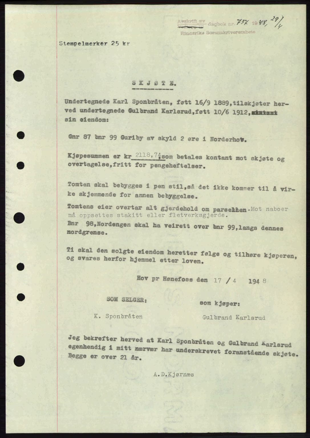 Ringerike sorenskriveri, SAKO/A-105/G/Ga/Gab/L0088: Pantebok nr. A-19, 1948-1948, Dagboknr: 737/1948