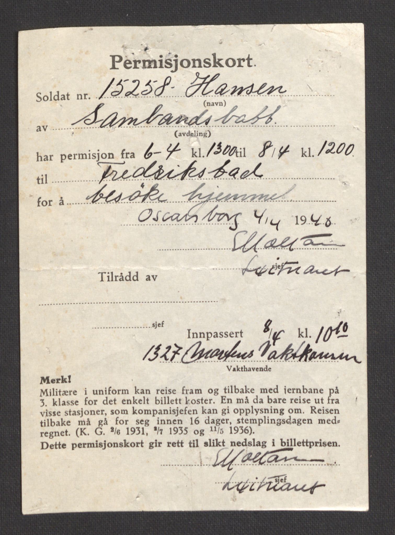 Forsvarsdepartementet, Oscarsborg festning, AV/RA-RAFA-4479/F/Fa/L0001: Vaktjournal (vedlagt 9 permisjonskort), 1940
