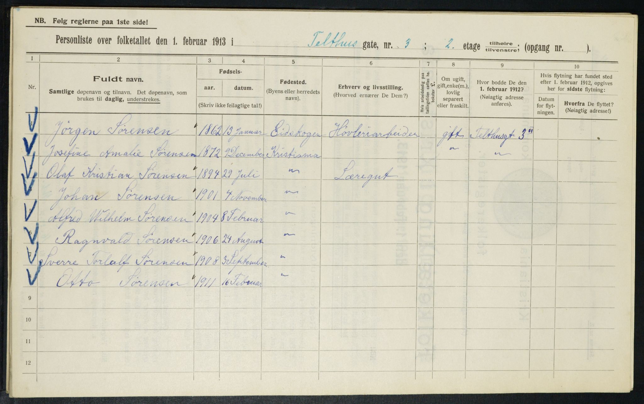 OBA, Kommunal folketelling 1.2.1913 for Kristiania, 1913, s. 107592