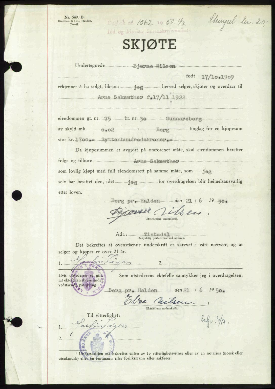 Idd og Marker sorenskriveri, AV/SAO-A-10283/G/Gb/Gbb/L0014: Pantebok nr. A14, 1950-1950, Dagboknr: 1562/1950