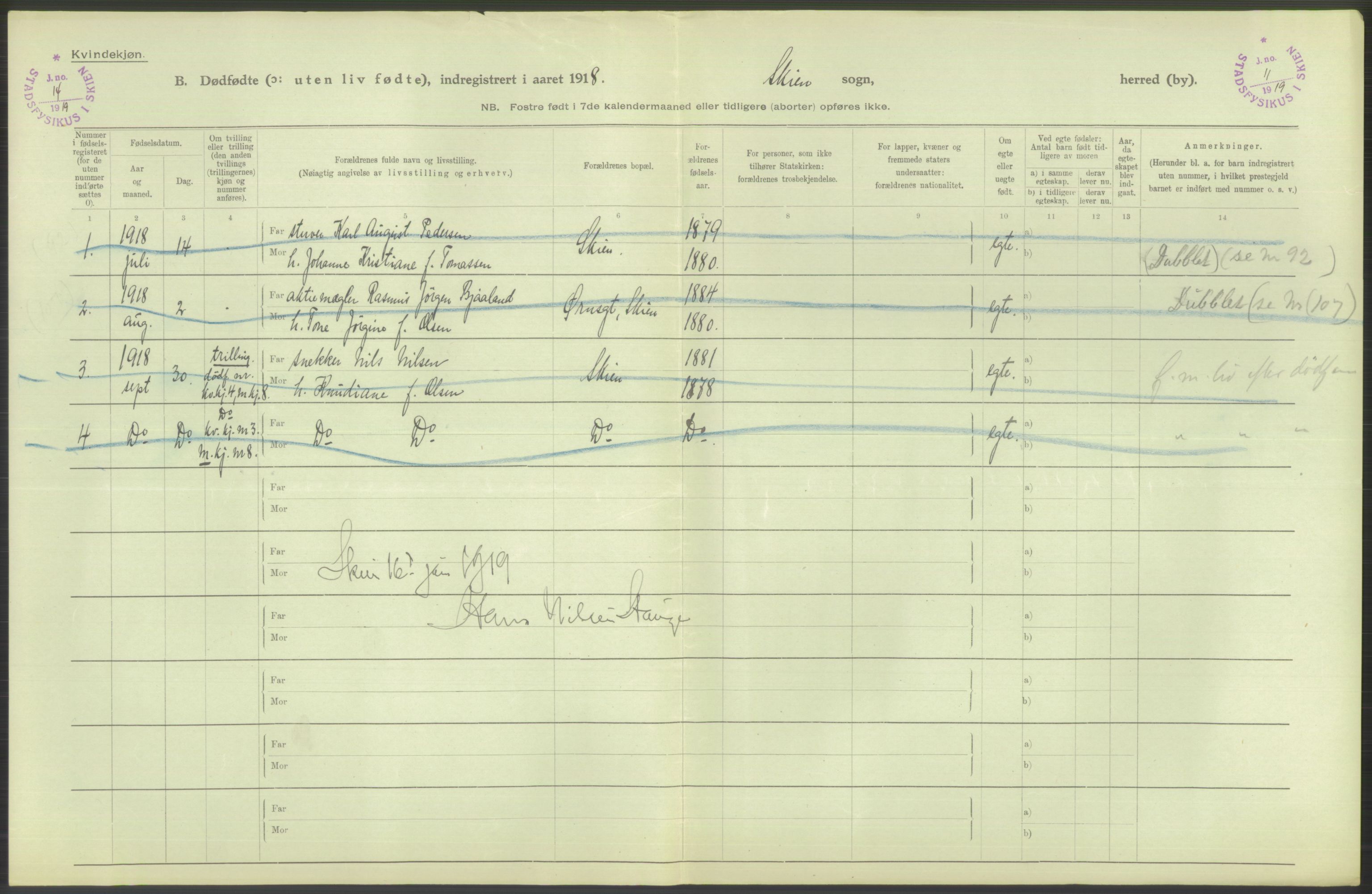 Statistisk sentralbyrå, Sosiodemografiske emner, Befolkning, RA/S-2228/D/Df/Dfb/Dfbh/L0025: Telemark fylke: Gifte, dødfødte. Bygder og byer., 1918, s. 302