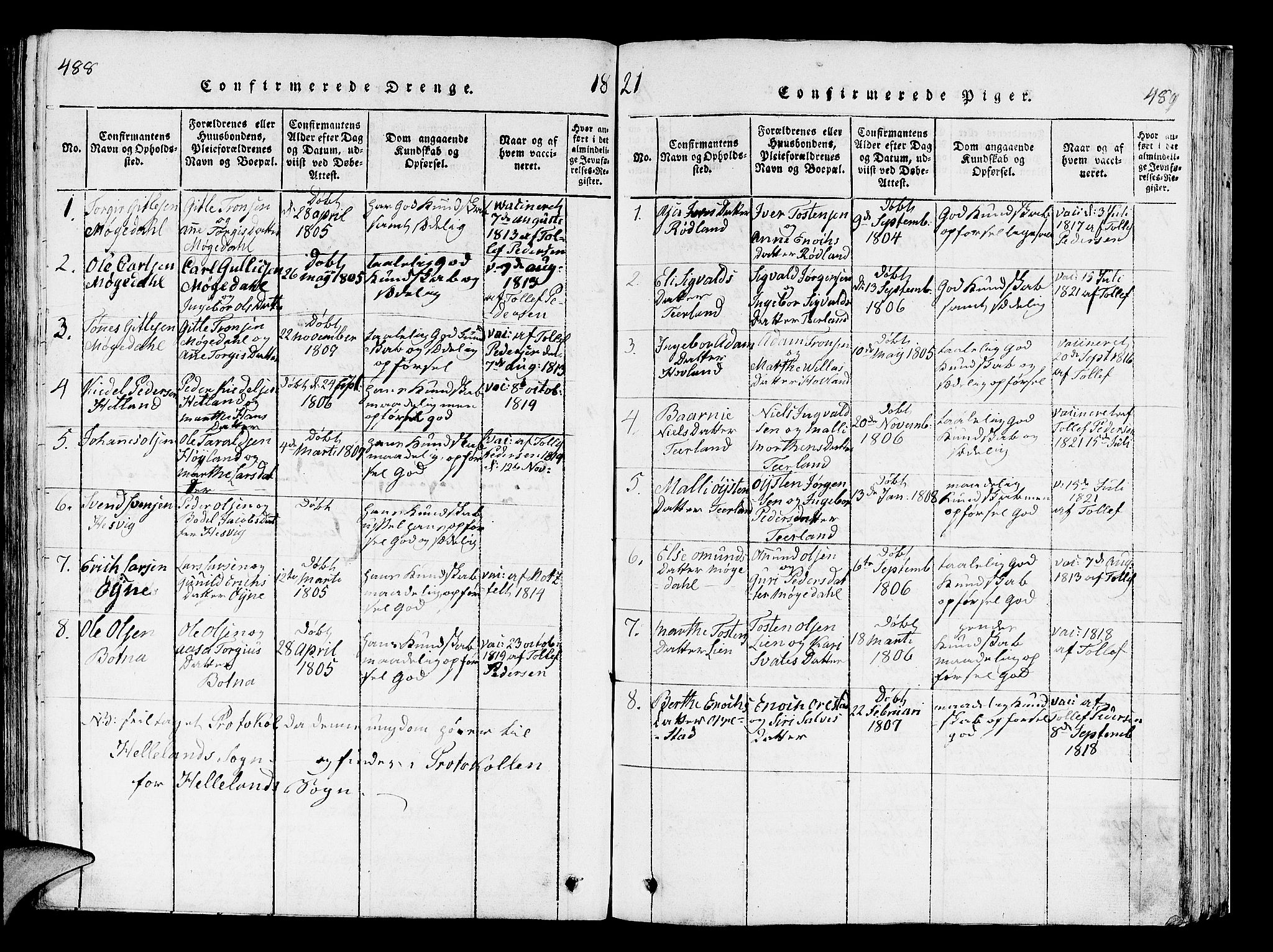 Helleland sokneprestkontor, SAST/A-101810: Ministerialbok nr. A 5, 1815-1834, s. 488-489