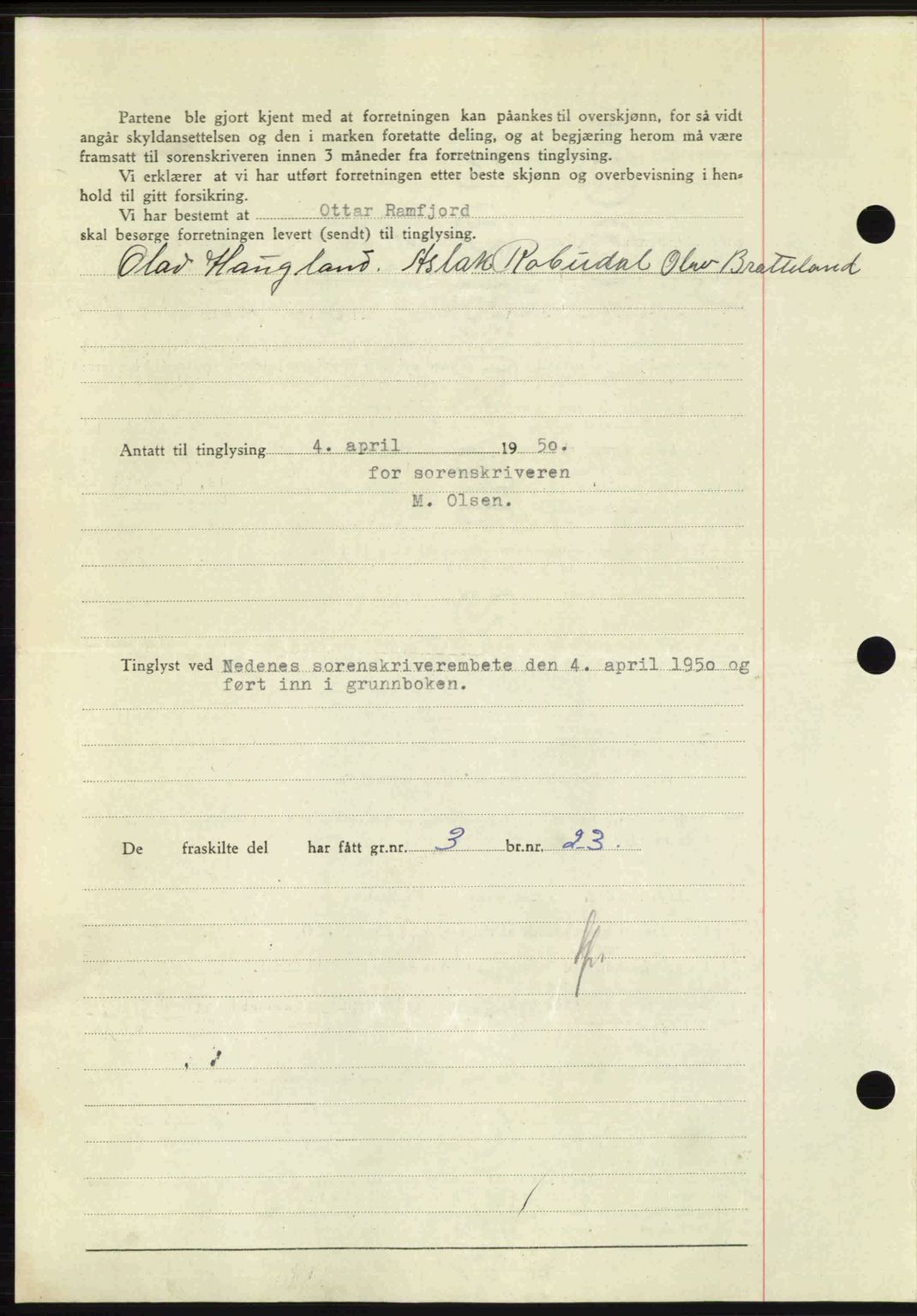 Nedenes sorenskriveri, AV/SAK-1221-0006/G/Gb/Gba/L0062: Pantebok nr. A14, 1949-1950, Dagboknr: 523/1950