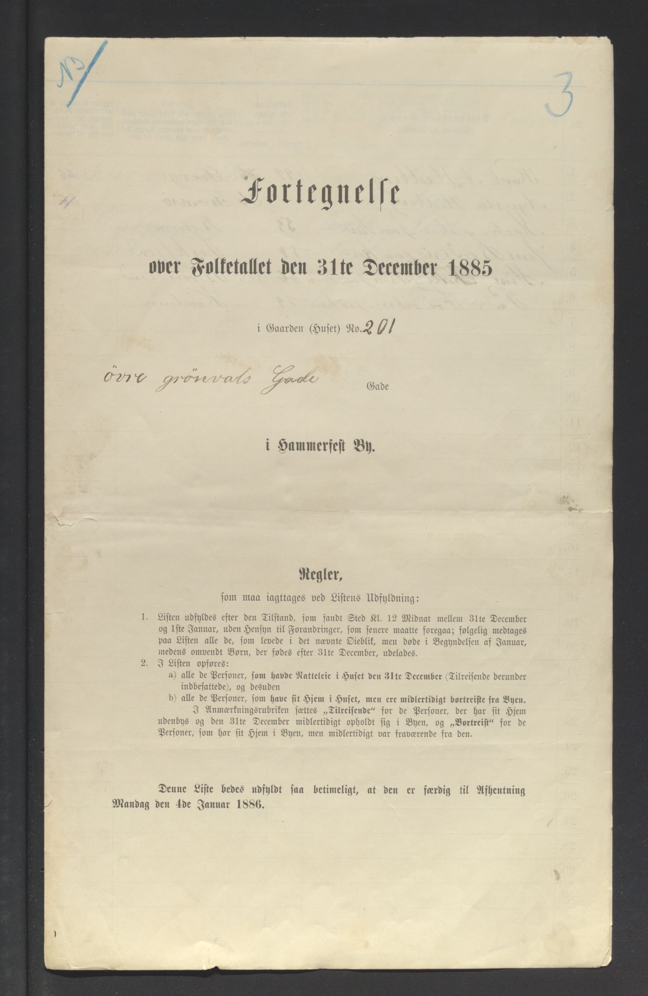 SATØ, Folketelling 1885 for 2001 Hammerfest kjøpstad, 1885, s. 3a