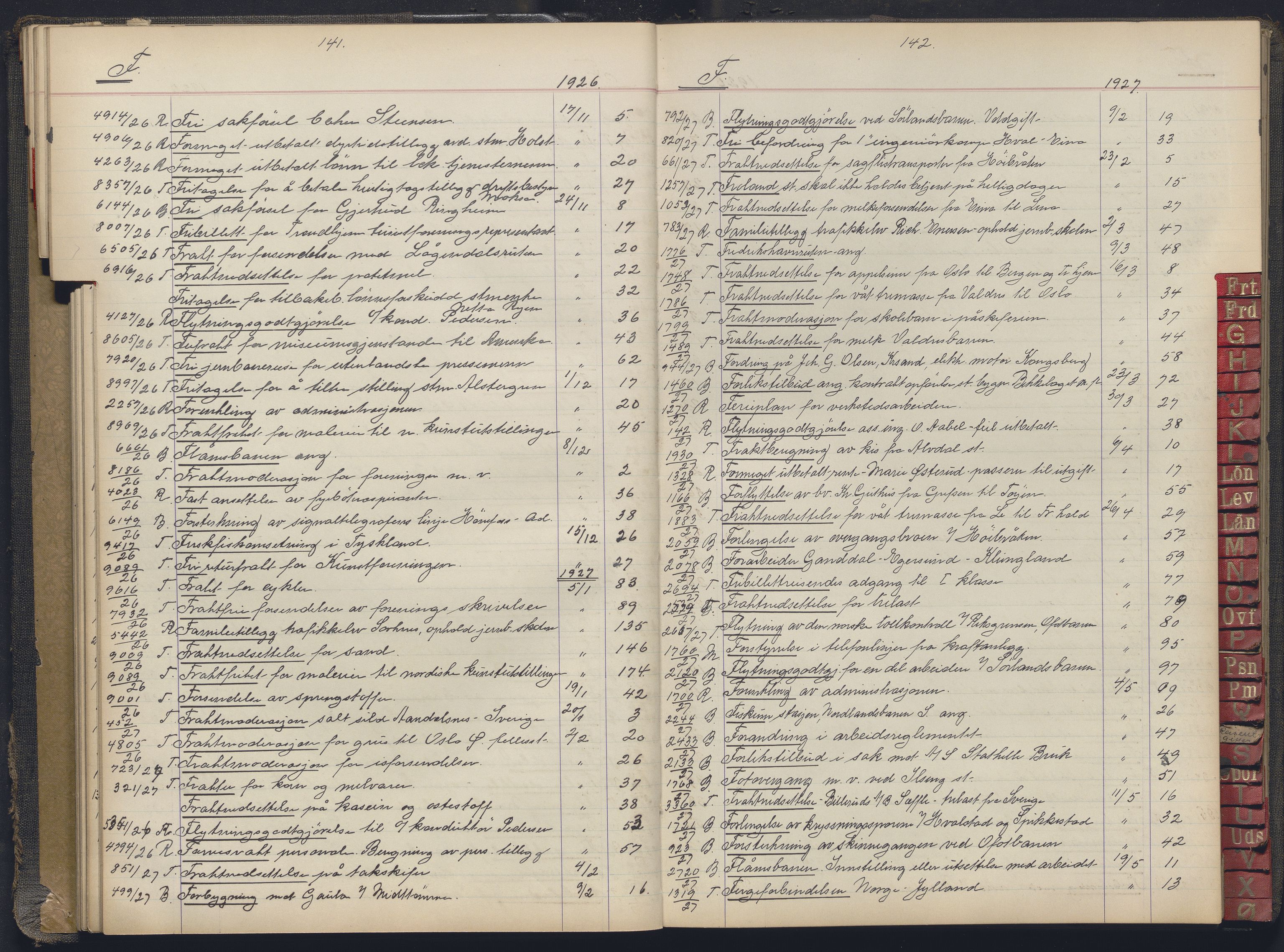 Norges statsbaner, Administrasjons- økonomi- og personalavdelingen, AV/RA-S-3412/A/Aa/L0037: Register til forhandlingsprotokoll, 1922-1928, s. 141-142