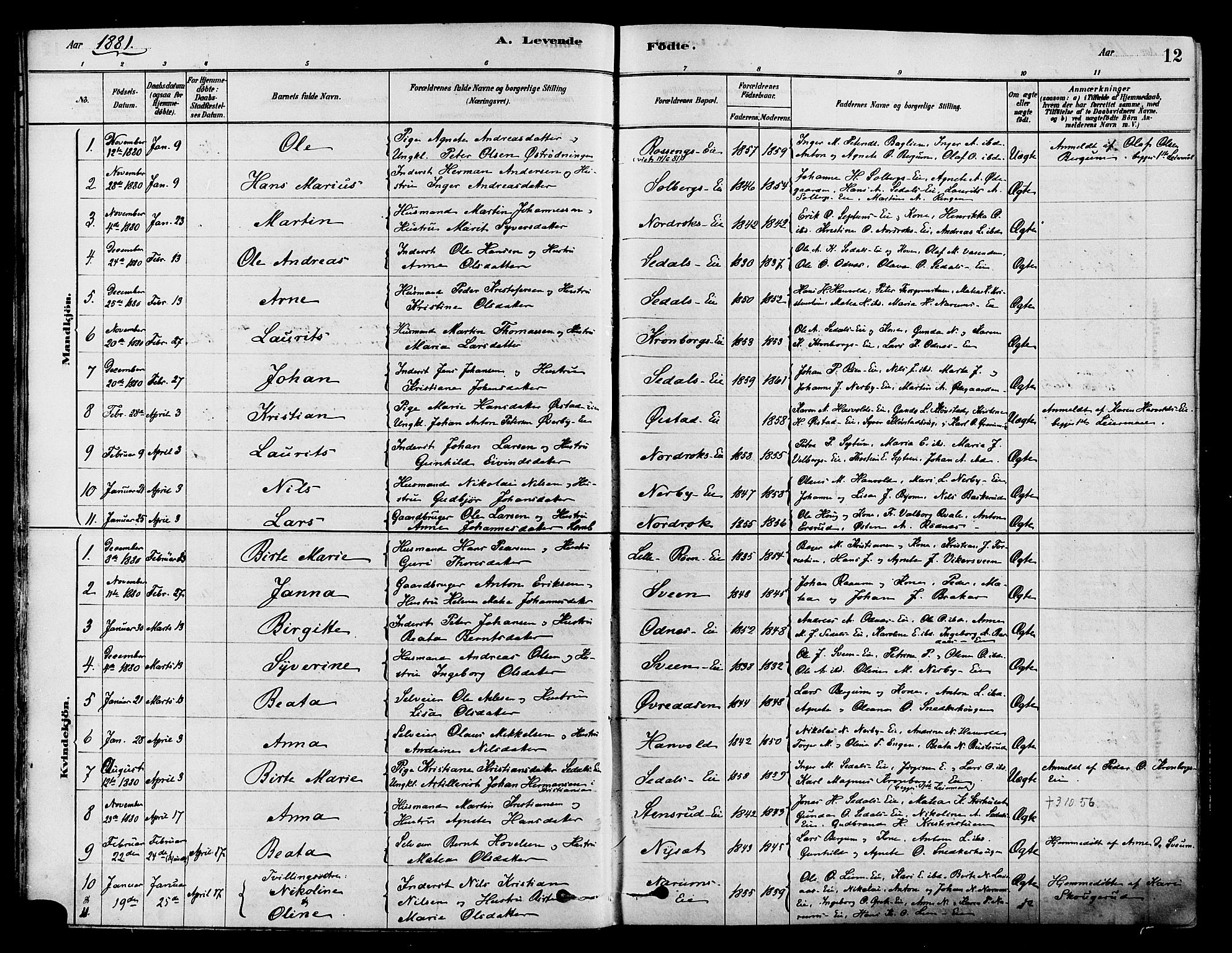 Søndre Land prestekontor, AV/SAH-PREST-122/K/L0002: Ministerialbok nr. 2, 1878-1894, s. 12