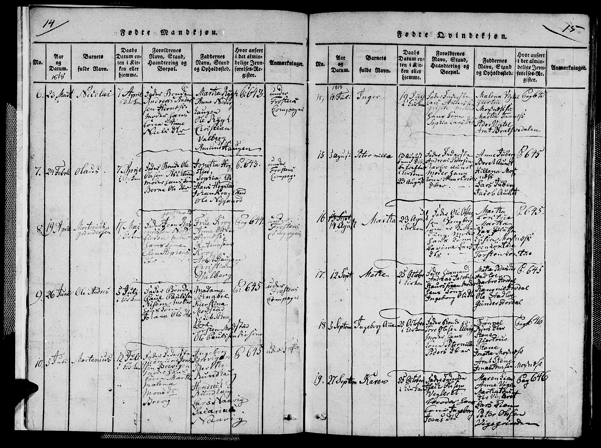 Ministerialprotokoller, klokkerbøker og fødselsregistre - Nord-Trøndelag, SAT/A-1458/713/L0124: Klokkerbok nr. 713C01, 1817-1827, s. 14-15