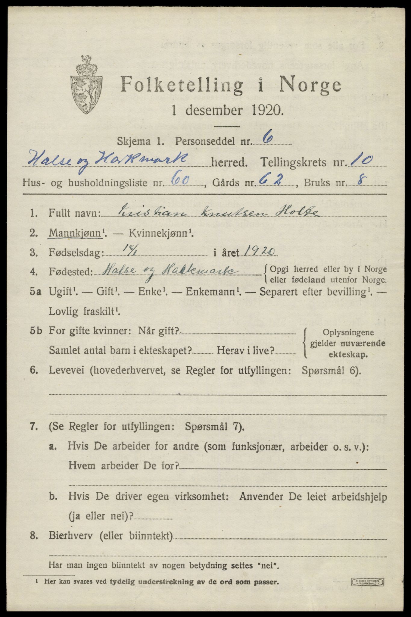 SAK, Folketelling 1920 for 1019 Halse og Harkmark herred, 1920, s. 6167