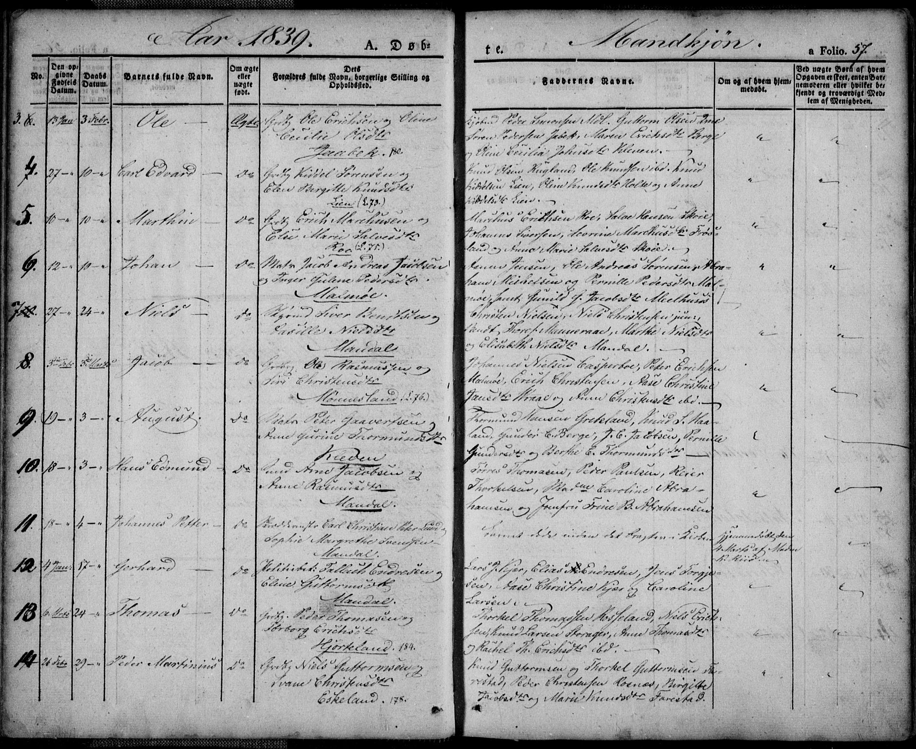 Mandal sokneprestkontor, AV/SAK-1111-0030/F/Fa/Faa/L0011: Ministerialbok nr. A 11, 1830-1839, s. 57