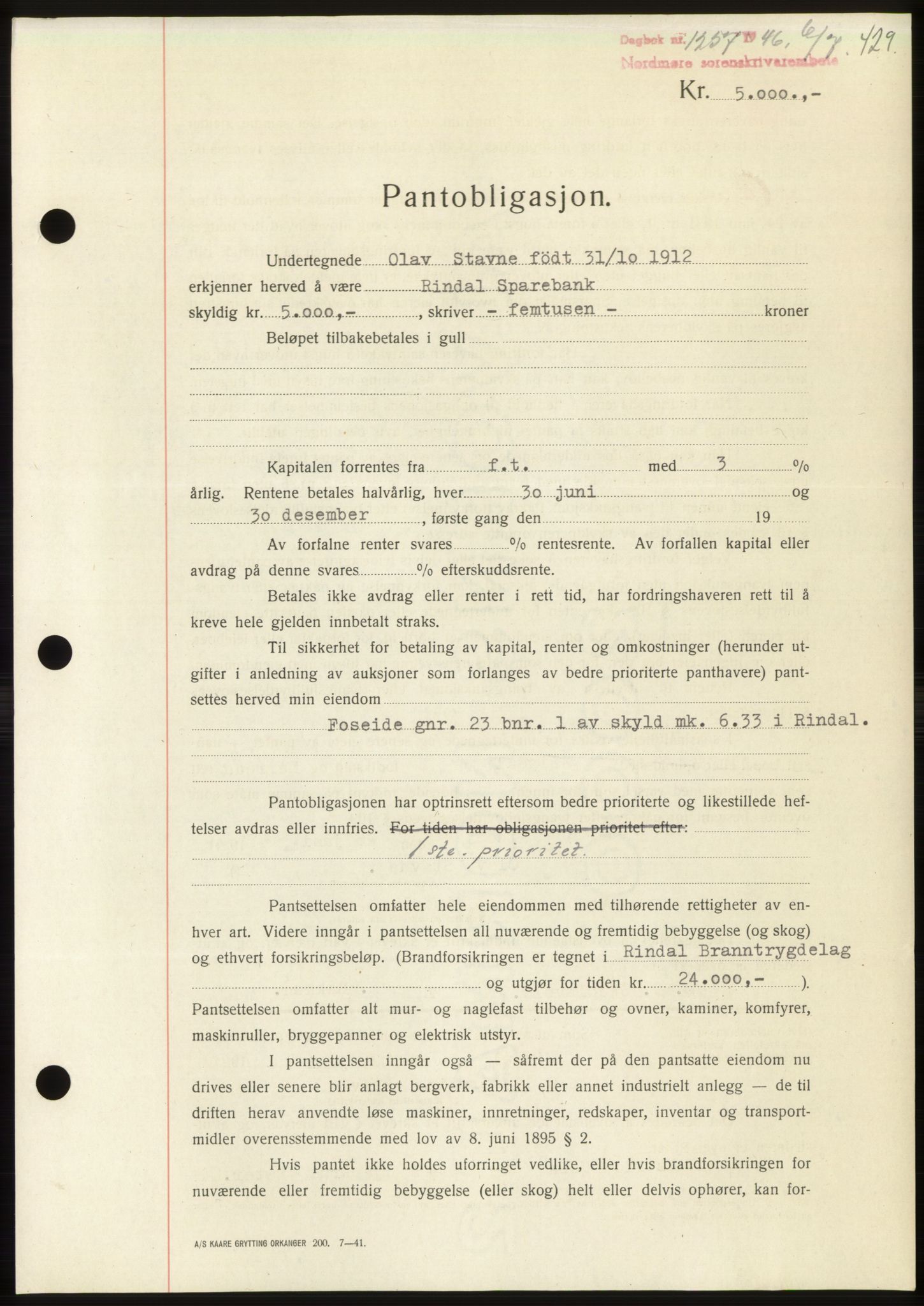 Nordmøre sorenskriveri, AV/SAT-A-4132/1/2/2Ca: Pantebok nr. B94, 1946-1946, Dagboknr: 1257/1946