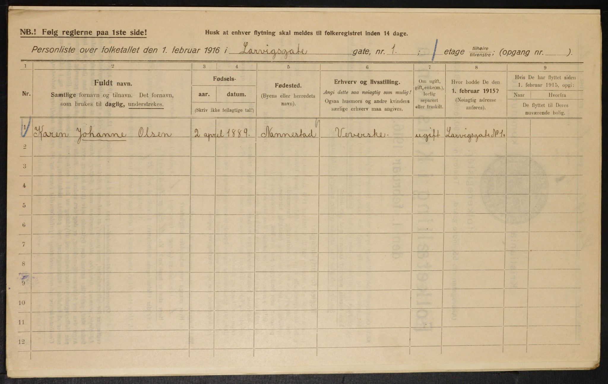 OBA, Kommunal folketelling 1.2.1916 for Kristiania, 1916, s. 58389