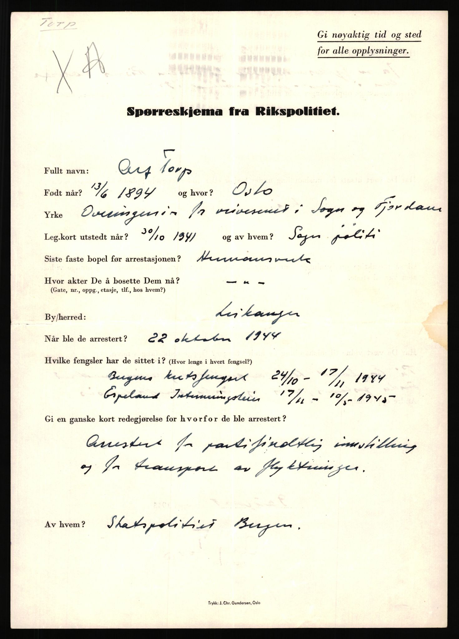 Rikspolitisjefen, AV/RA-S-1560/L/L0017: Tidemann, Hermann G. - Veum, Tjostolv, 1940-1945, s. 275