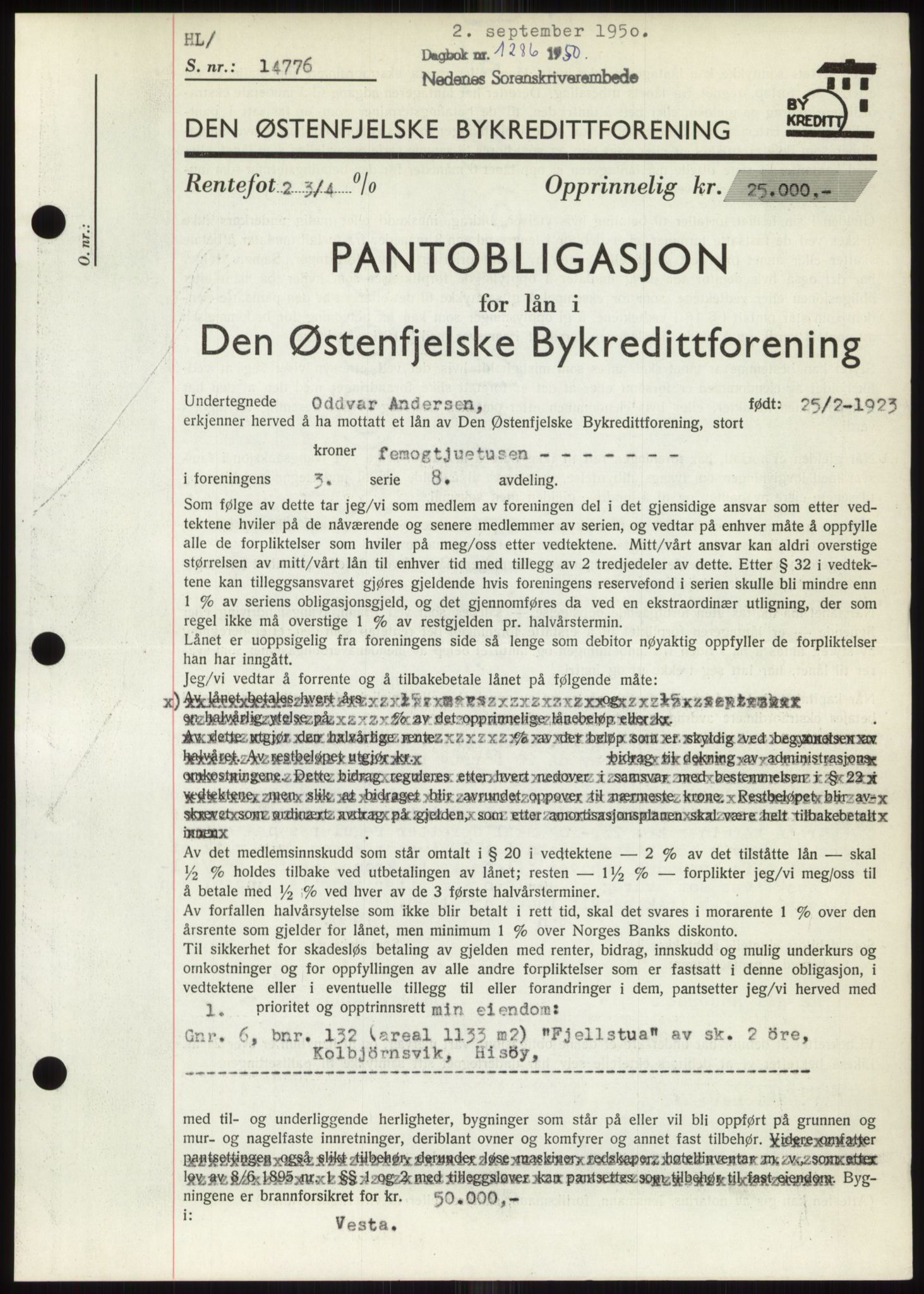 Nedenes sorenskriveri, SAK/1221-0006/G/Gb/Gbb/L0008: Pantebok nr. B8, 1950-1950, Dagboknr: 1286/1950