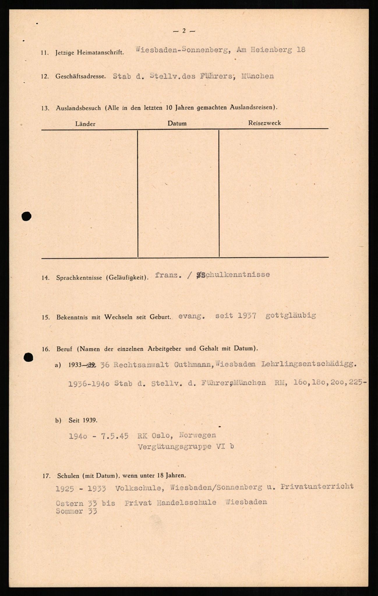 Forsvaret, Forsvarets overkommando II, RA/RAFA-3915/D/Db/L0013: CI Questionaires. Tyske okkupasjonsstyrker i Norge. Tyskere., 1945-1946, s. 119