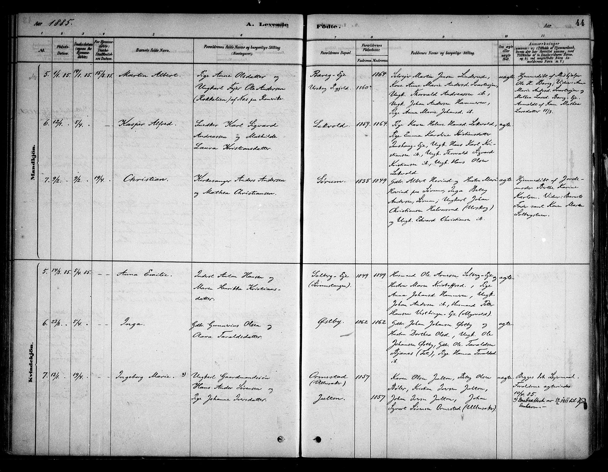 Sørum prestekontor Kirkebøker, AV/SAO-A-10303/F/Fa/L0007: Ministerialbok nr. I 7, 1878-1914, s. 44