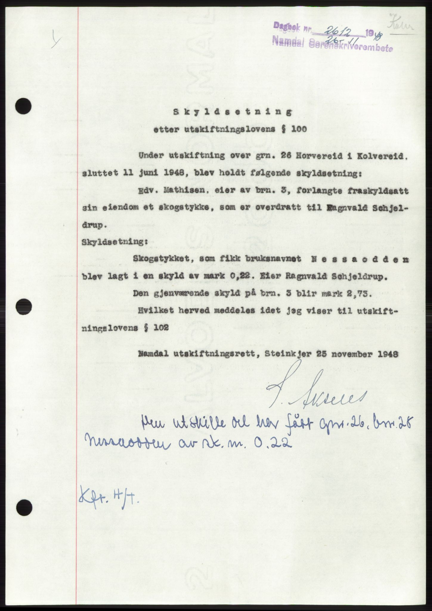 Namdal sorenskriveri, SAT/A-4133/1/2/2C: Pantebok nr. -, 1948-1948, Dagboknr: 2612/1948