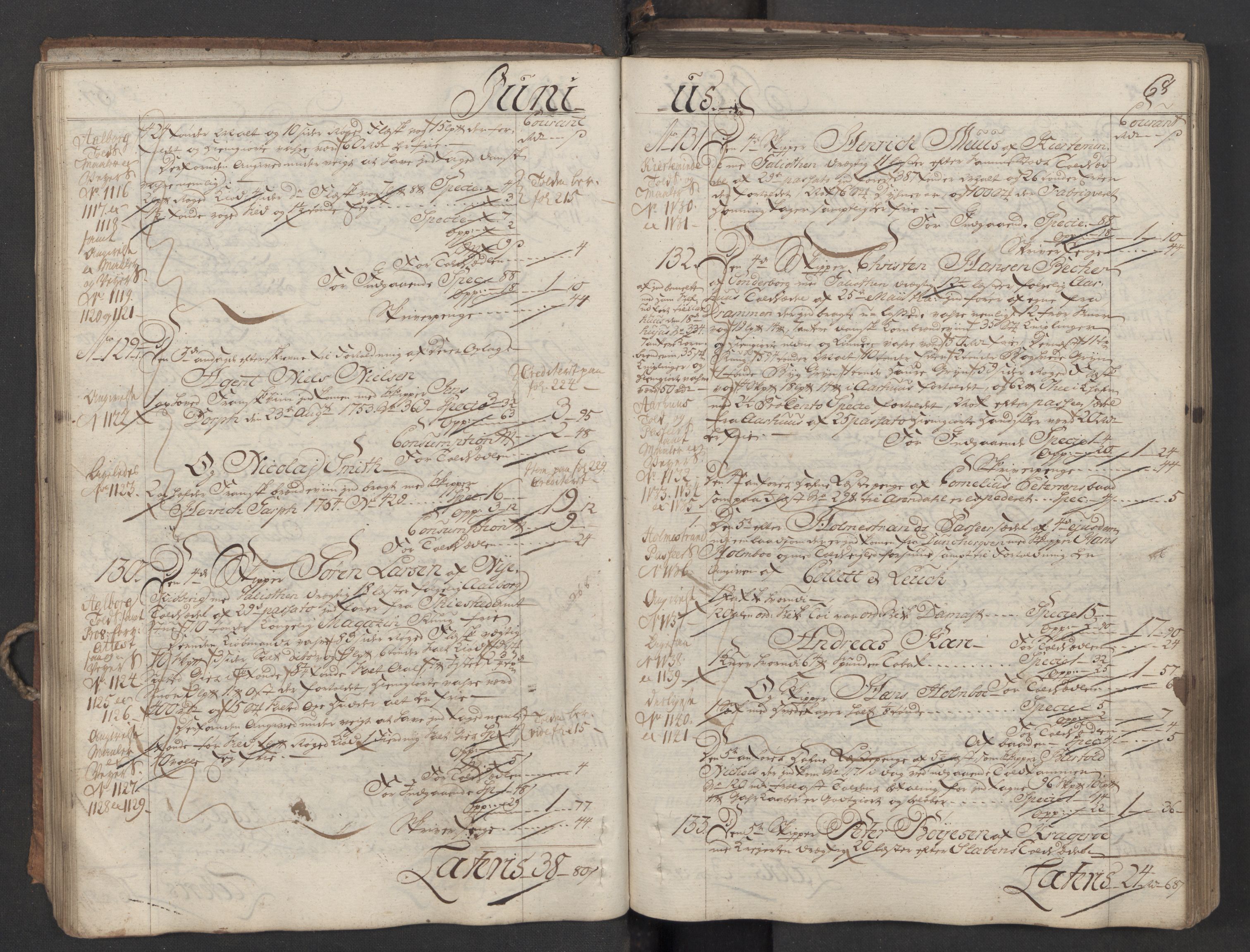 Generaltollkammeret, tollregnskaper, AV/RA-EA-5490/R06/L0037/0001: Tollregnskaper Kristiania / Inngående hovedtollbok, 1756, s. 67b-68a