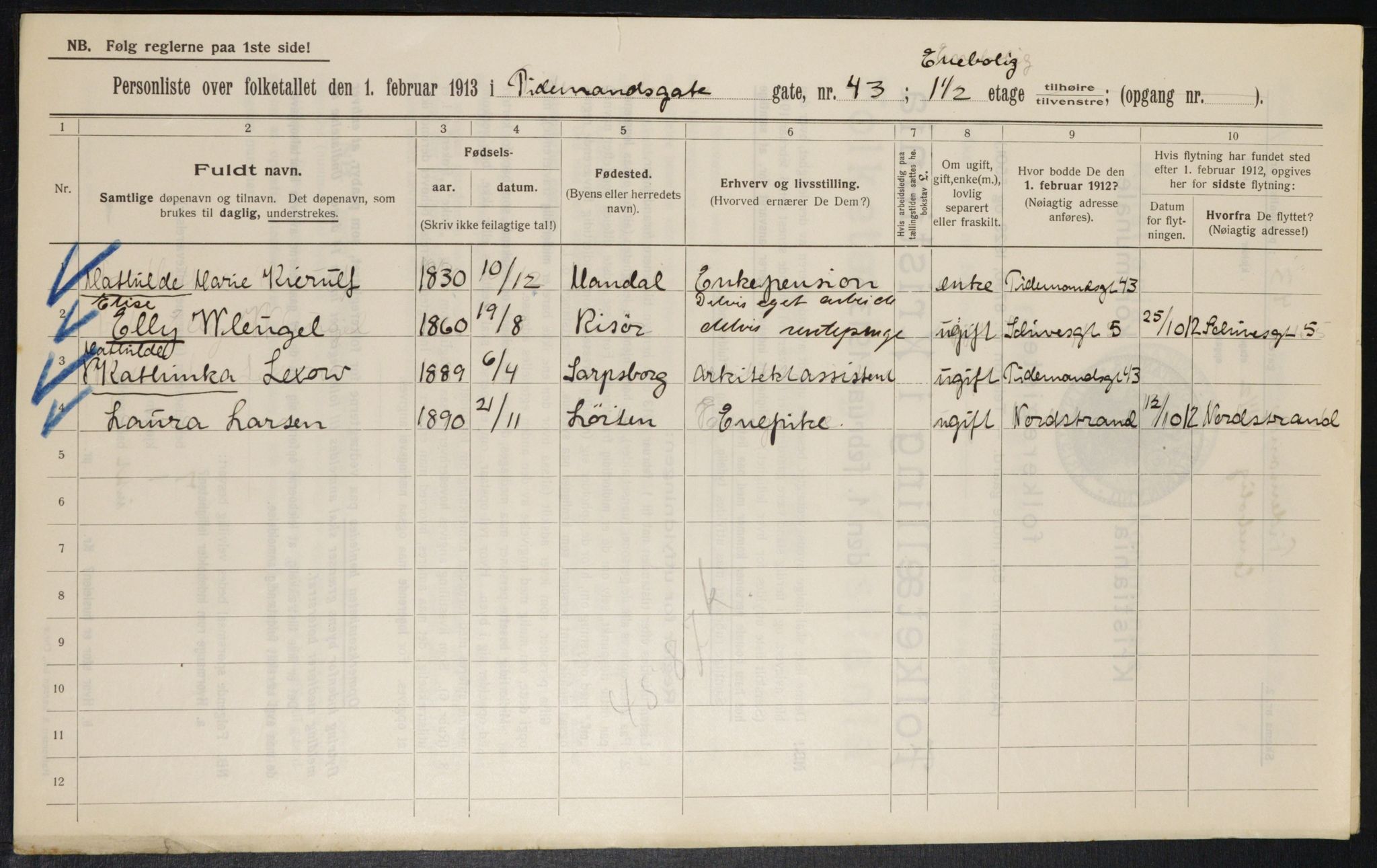 OBA, Kommunal folketelling 1.2.1913 for Kristiania, 1913, s. 111525