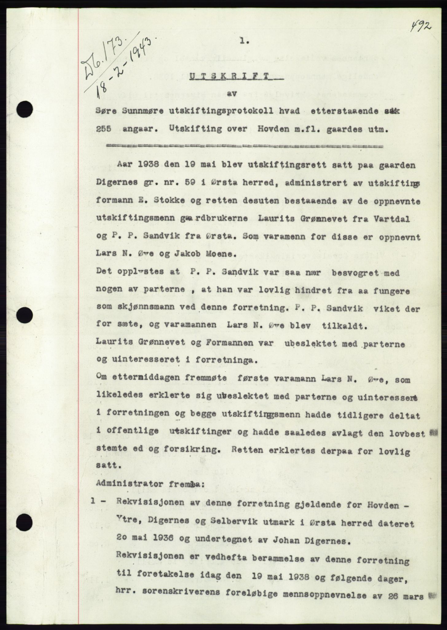 Søre Sunnmøre sorenskriveri, SAT/A-4122/1/2/2C/L0074: Pantebok nr. 68, 1942-1943, Dagboknr: 173/1943