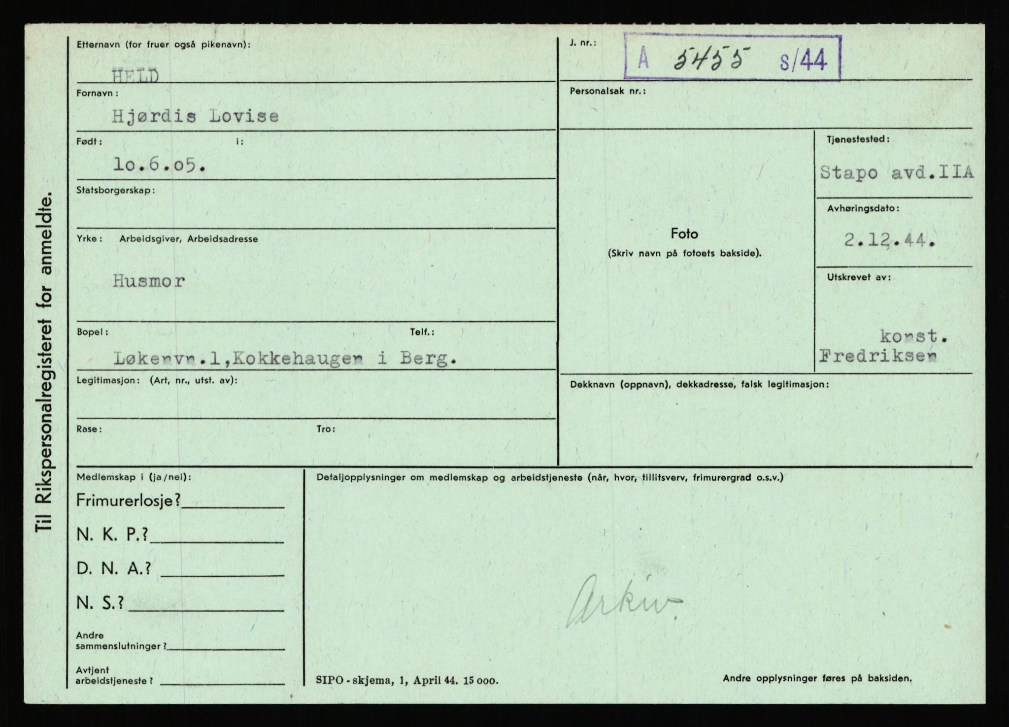 Statspolitiet - Hovedkontoret / Osloavdelingen, AV/RA-S-1329/C/Ca/L0006: Hanche - Hokstvedt, 1943-1945, s. 3222