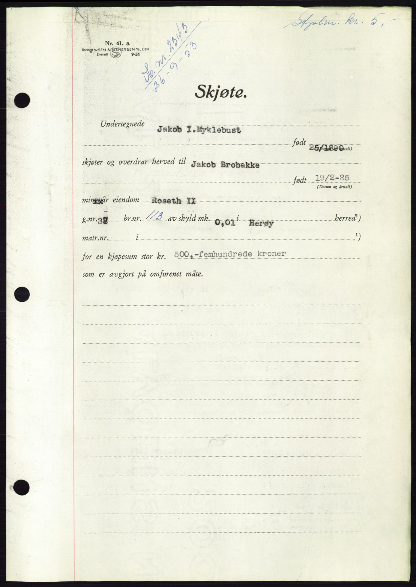 Søre Sunnmøre sorenskriveri, AV/SAT-A-4122/1/2/2C/L0095: Pantebok nr. 21A, 1953-1953, Dagboknr: 2343/1953