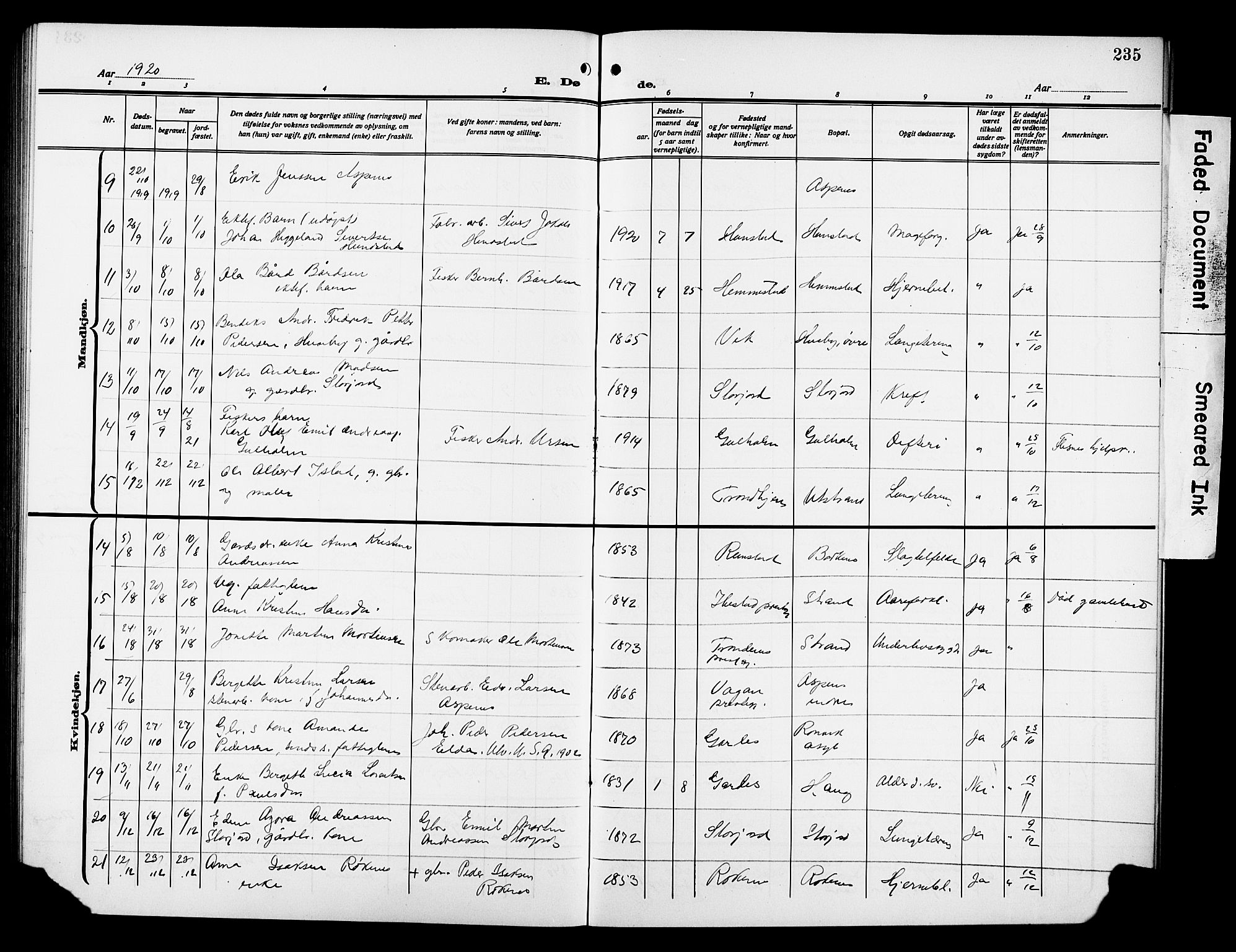 Kvæfjord sokneprestkontor, AV/SATØ-S-1323/G/Ga/Gab/L0006klokker: Klokkerbok nr. 6, 1912-1931, s. 235