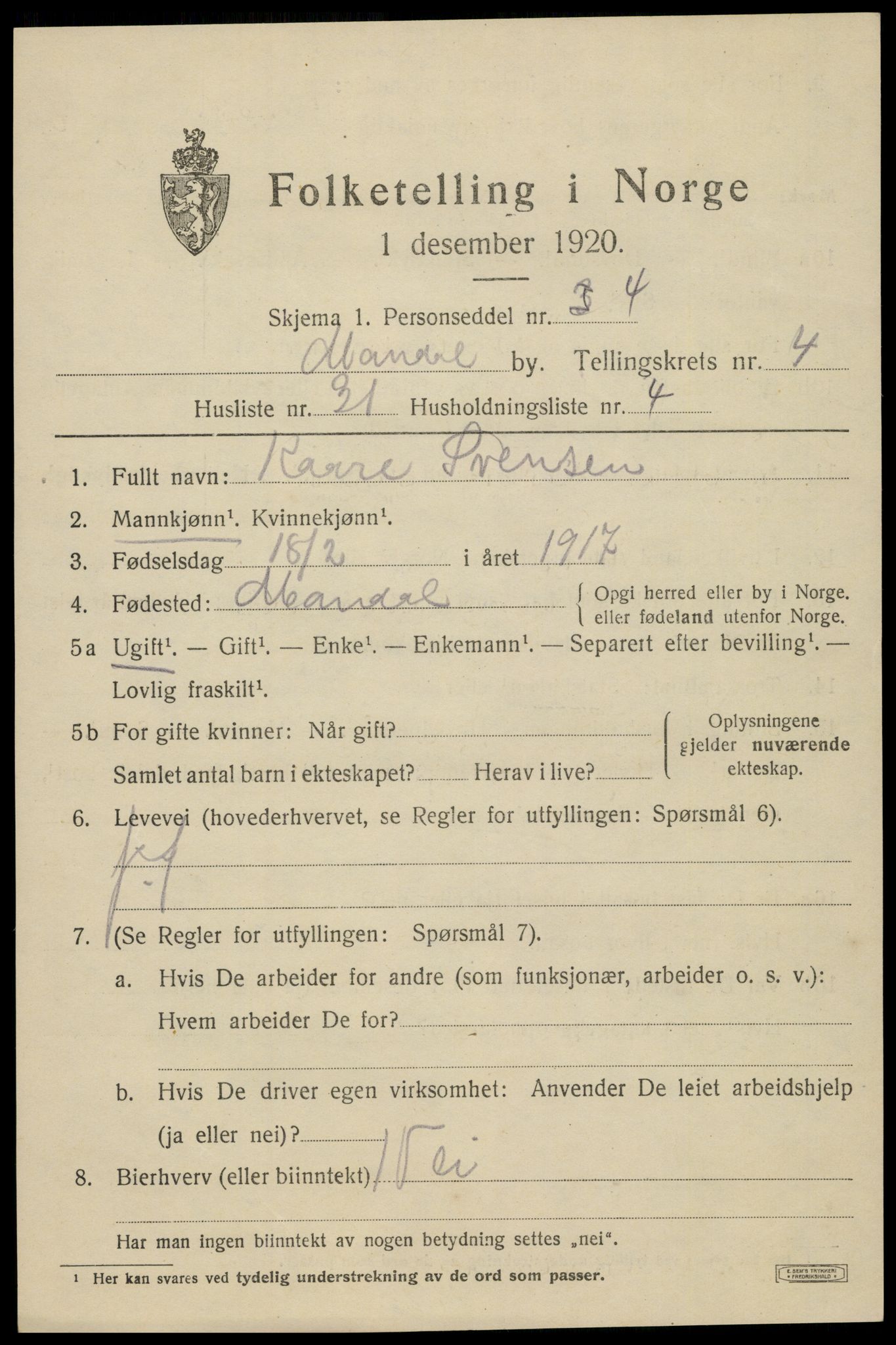 SAK, Folketelling 1920 for 1002 Mandal ladested, 1920, s. 7329