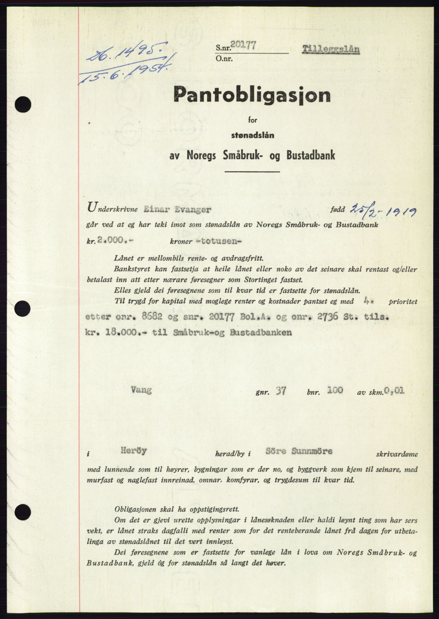 Søre Sunnmøre sorenskriveri, SAT/A-4122/1/2/2C/L0125: Pantebok nr. 13B, 1954-1954, Dagboknr: 1495/1954