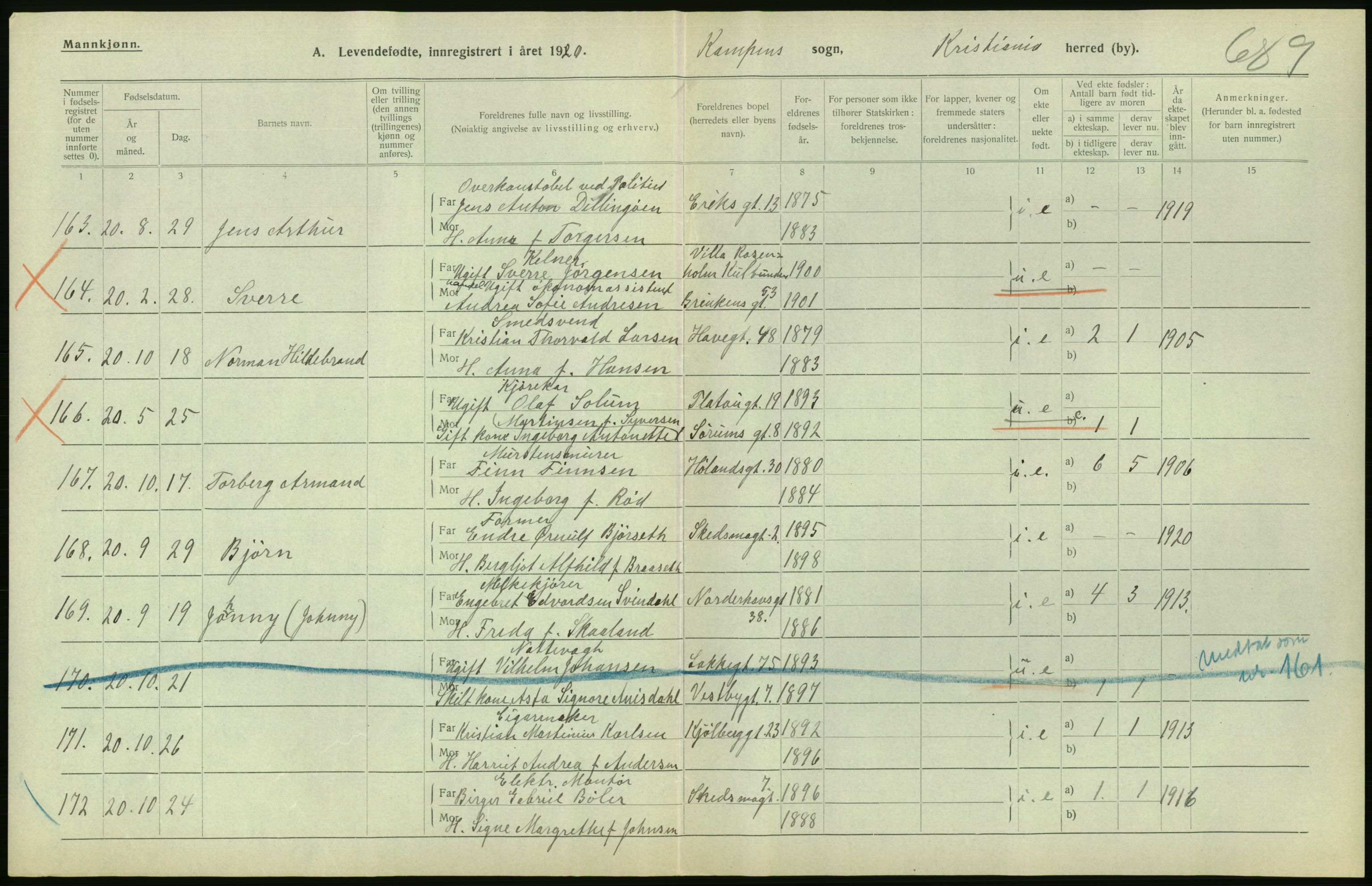 Statistisk sentralbyrå, Sosiodemografiske emner, Befolkning, RA/S-2228/D/Df/Dfb/Dfbj/L0008: Kristiania: Levendefødte menn og kvinner., 1920, s. 224