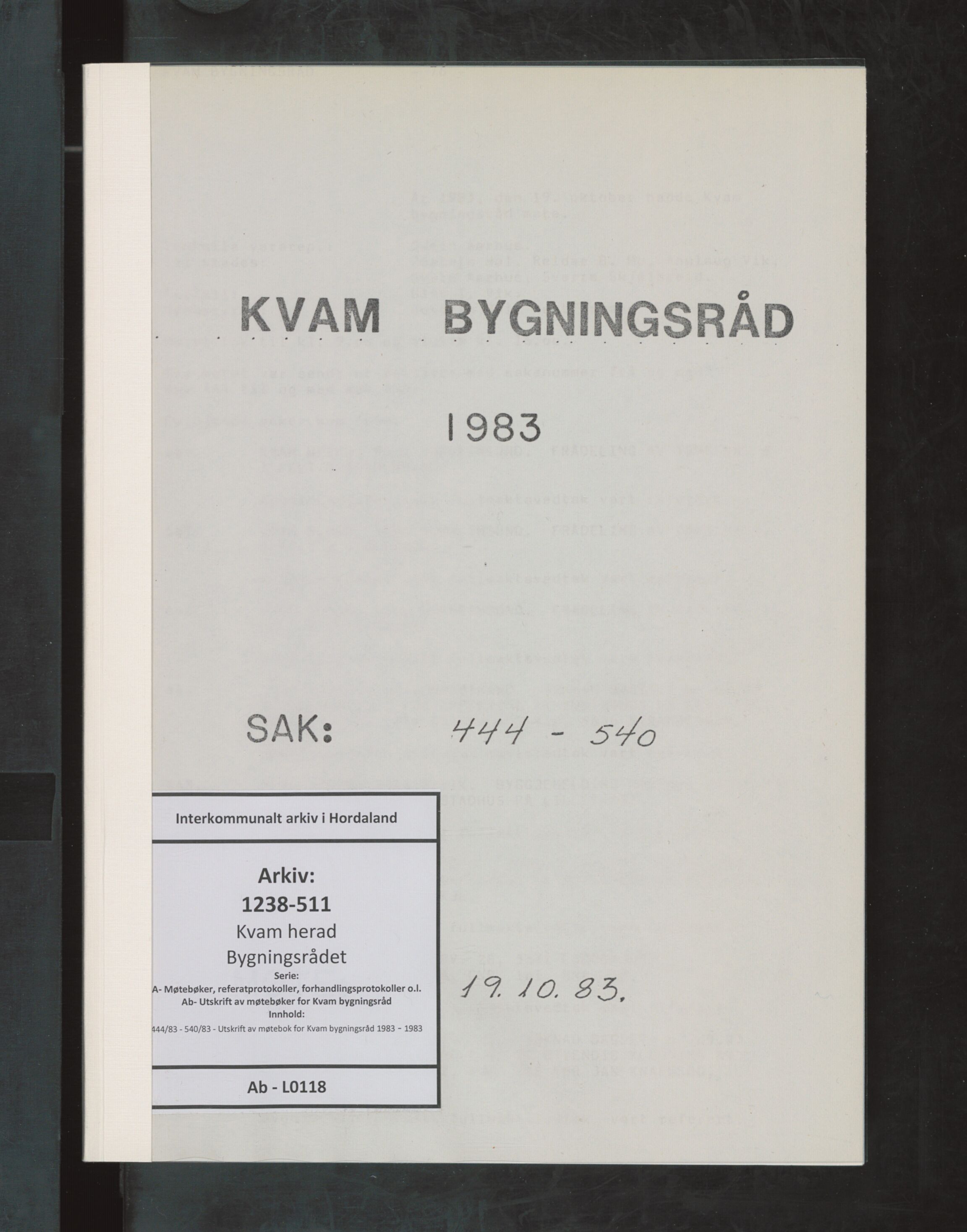 Kvam herad. Bygningsrådet, IKAH/1238-511/A/Ab/L0118: Utskrift av møtebok for Kvam bygningsråd, 1983