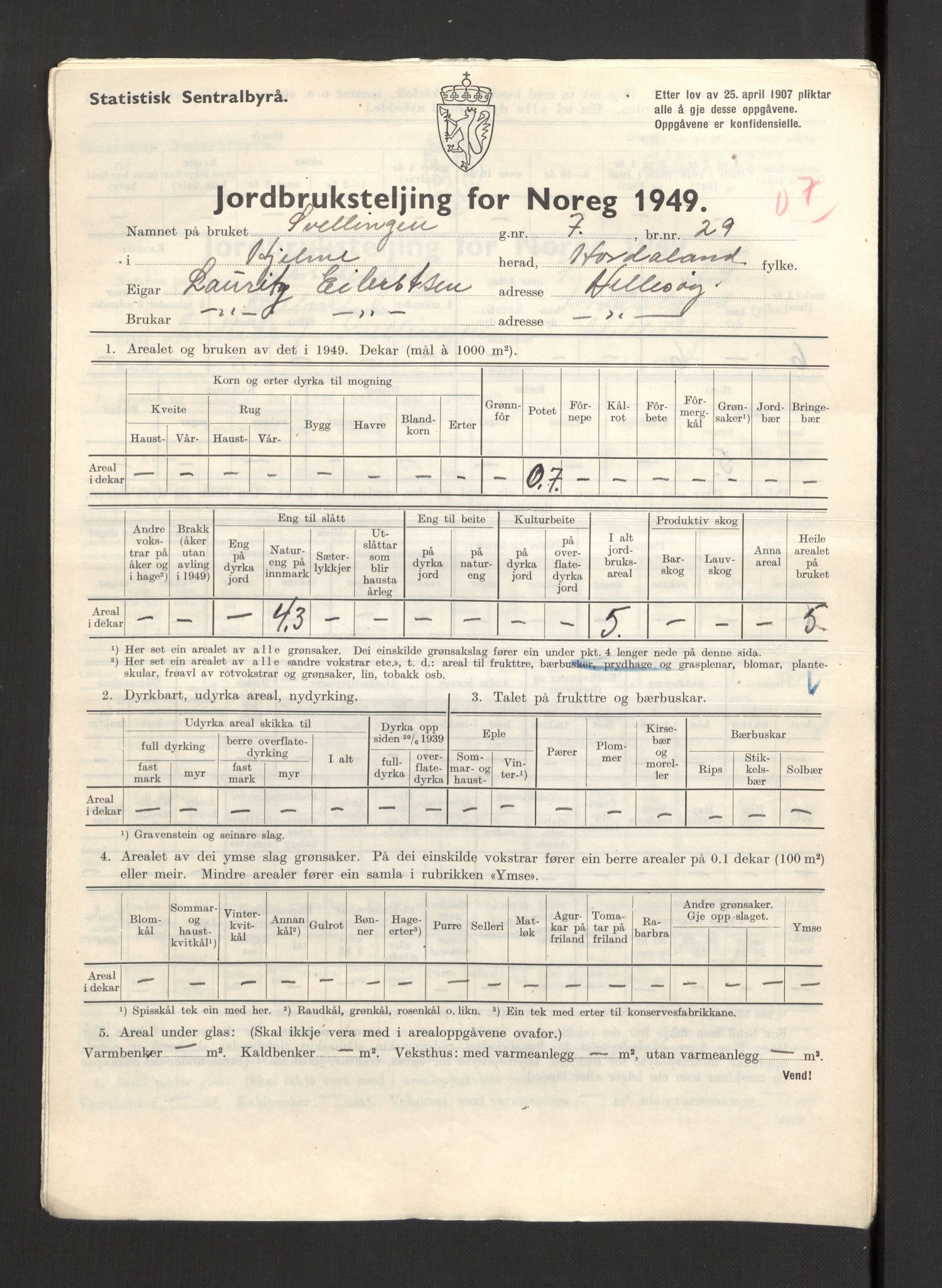 Statistisk sentralbyrå, Næringsøkonomiske emner, Jordbruk, skogbruk, jakt, fiske og fangst, AV/RA-S-2234/G/Gc/L0276: Hordaland: Herdla og Hjelme, 1949, s. 1128