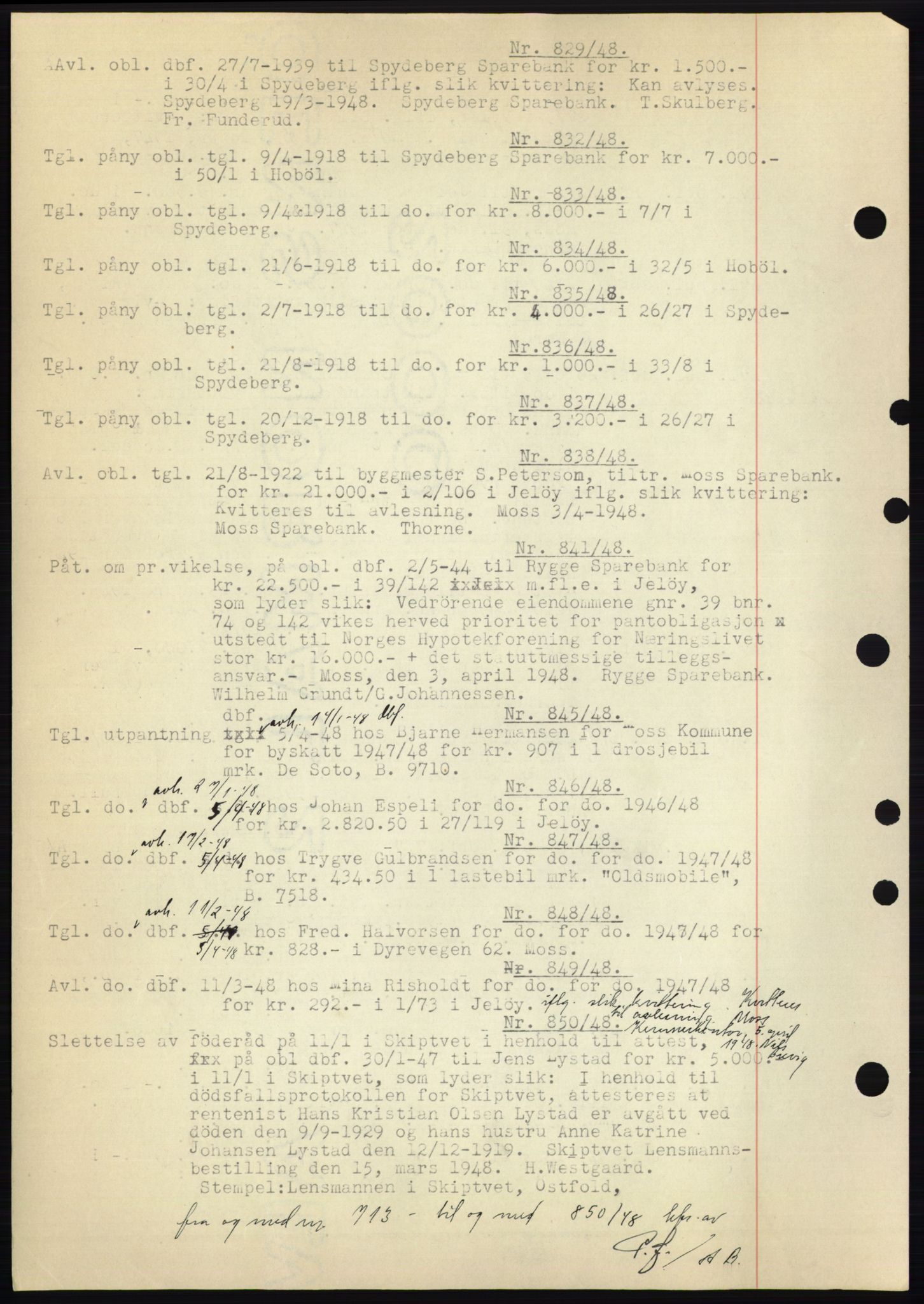 Moss sorenskriveri, SAO/A-10168: Pantebok nr. C10, 1938-1950, Dagboknr: 829/1948