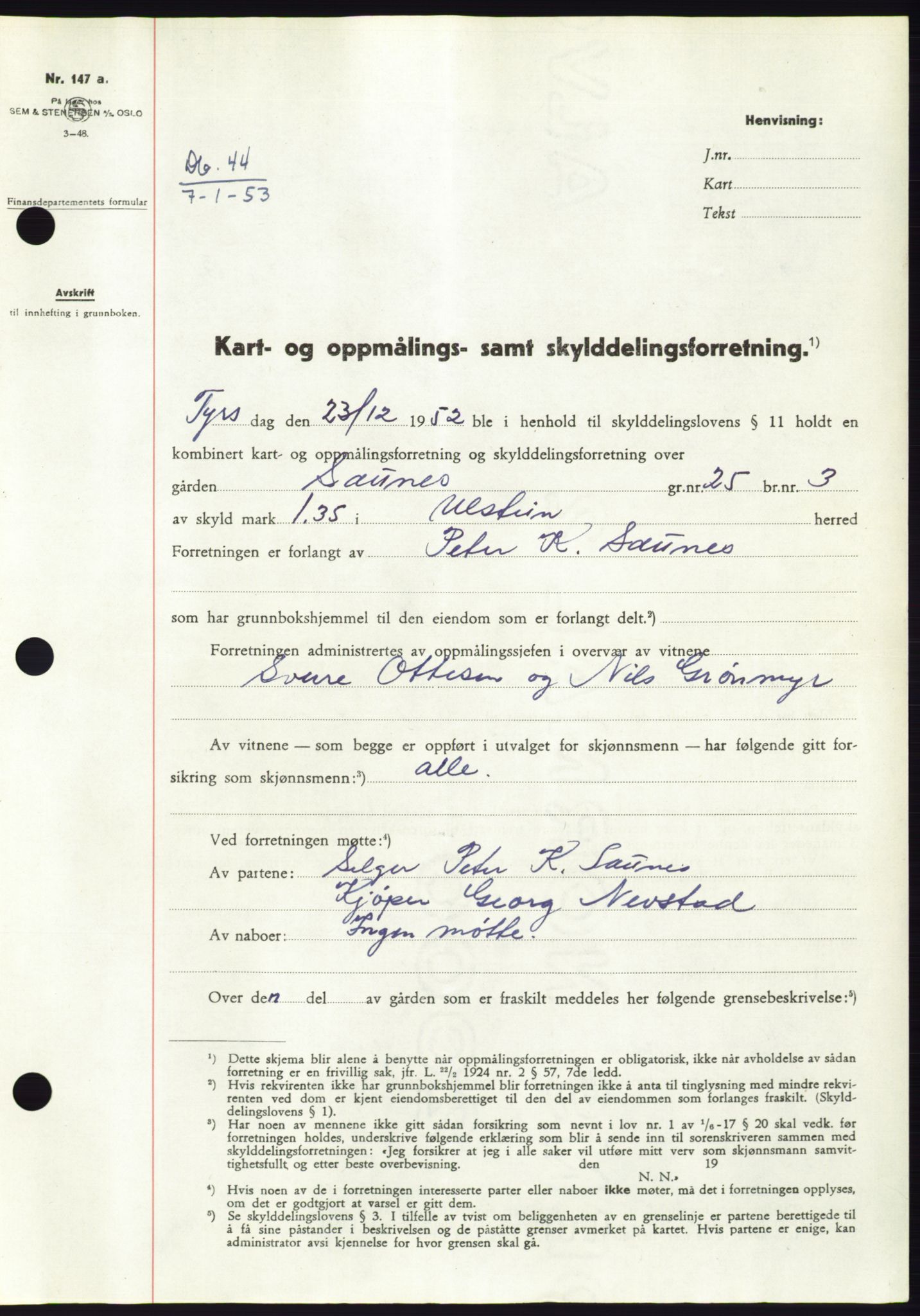 Søre Sunnmøre sorenskriveri, SAT/A-4122/1/2/2C/L0093: Pantebok nr. 19A, 1952-1953, Dagboknr: 44/1953