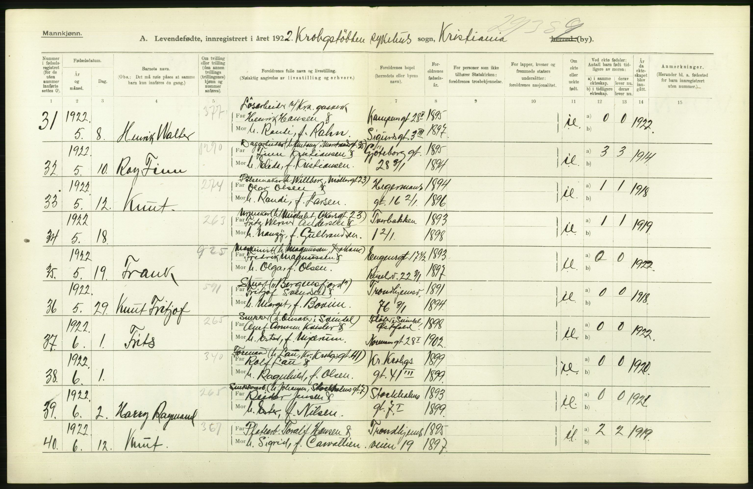 Statistisk sentralbyrå, Sosiodemografiske emner, Befolkning, AV/RA-S-2228/D/Df/Dfc/Dfcb/L0007: Kristiania: Levendefødte menn og kvinner., 1922, s. 186