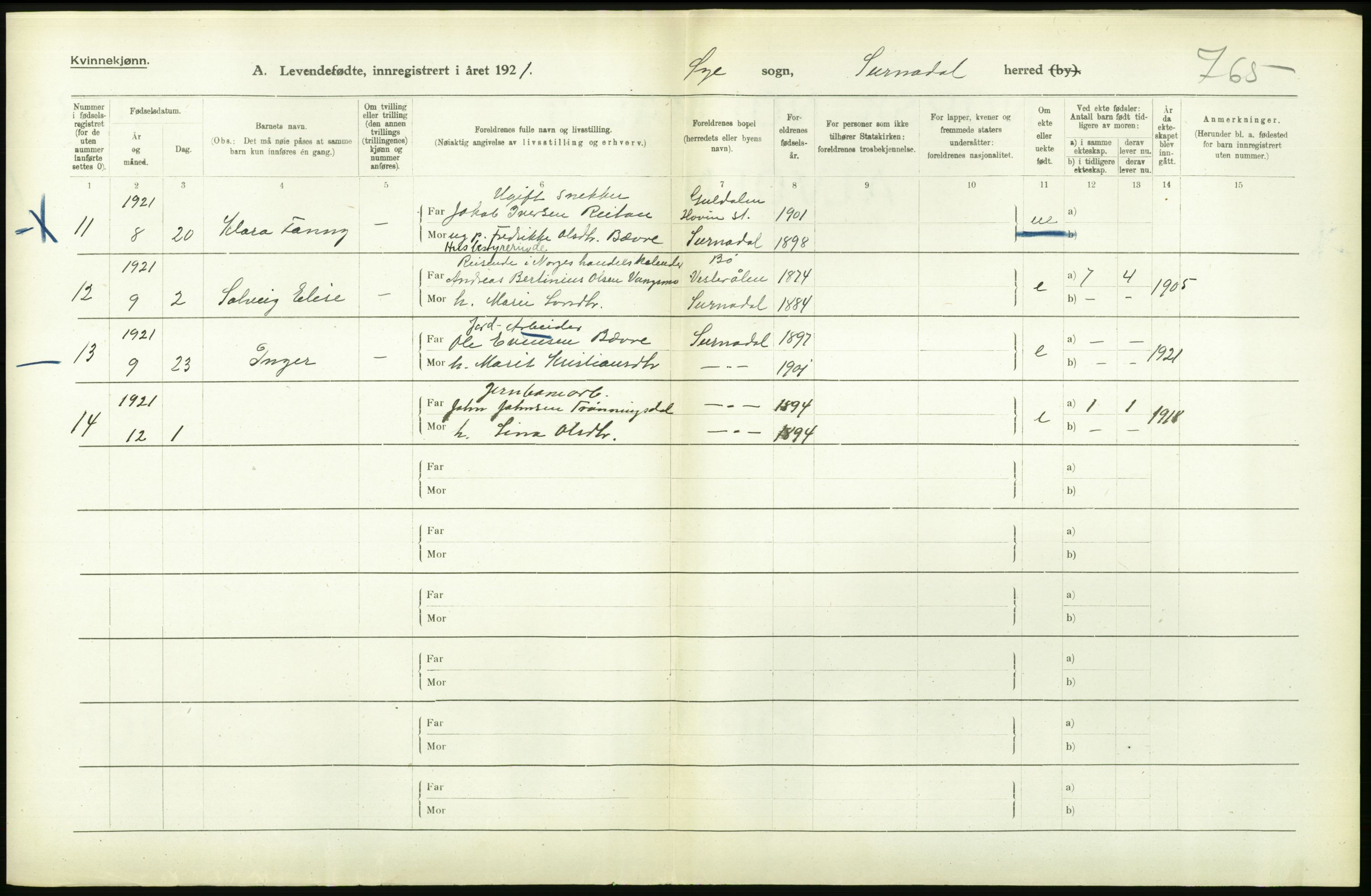 Statistisk sentralbyrå, Sosiodemografiske emner, Befolkning, AV/RA-S-2228/D/Df/Dfc/Dfca/L0040: Møre fylke: Levendefødte menn og kvinner. Bygder., 1921, s. 720