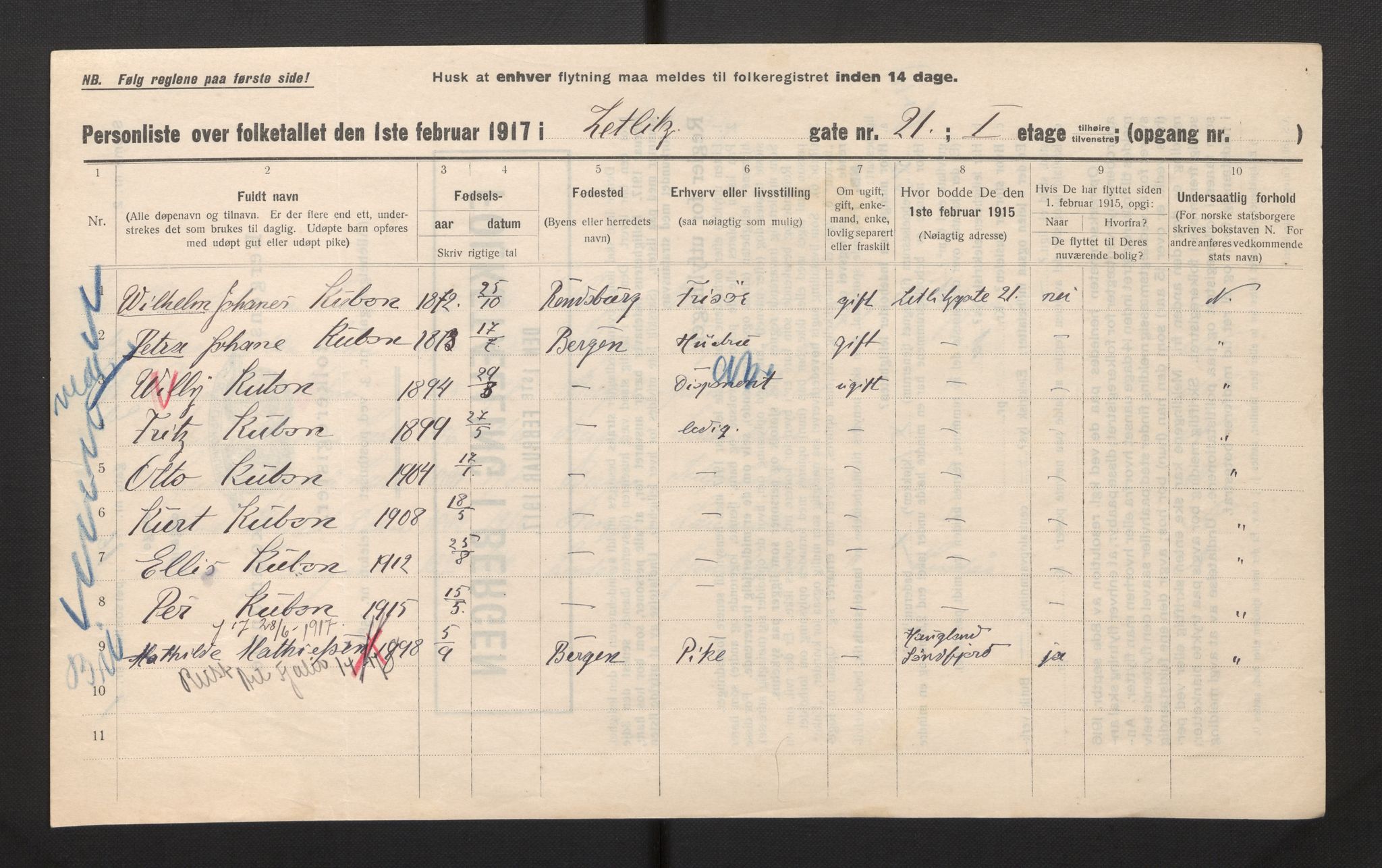 SAB, Kommunal folketelling 1917 for Bergen kjøpstad, 1917, s. 45663