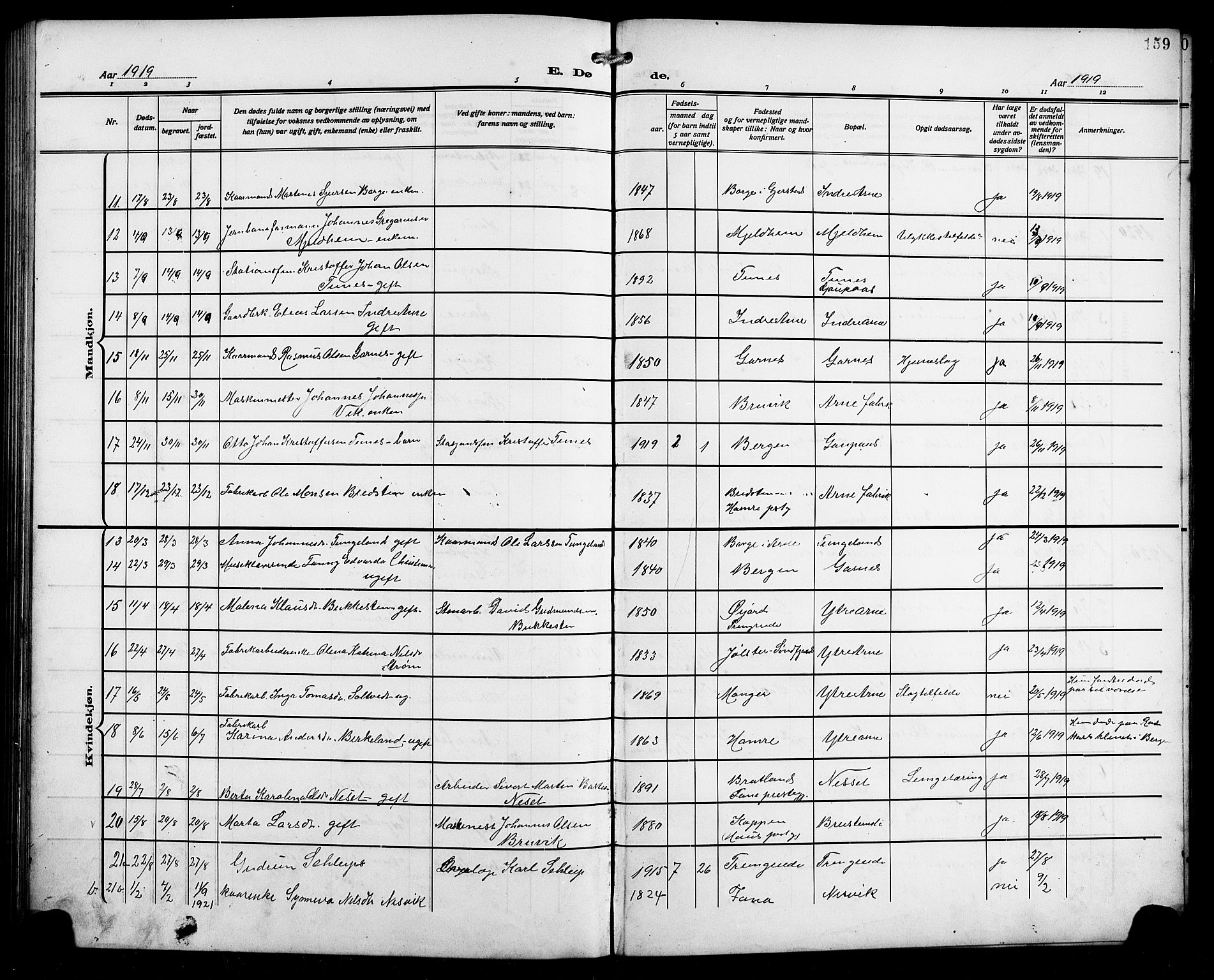 Arna sokneprestembete, AV/SAB-A-74001/H/Ha/Hab: Klokkerbok nr. A 5, 1911-1921, s. 159