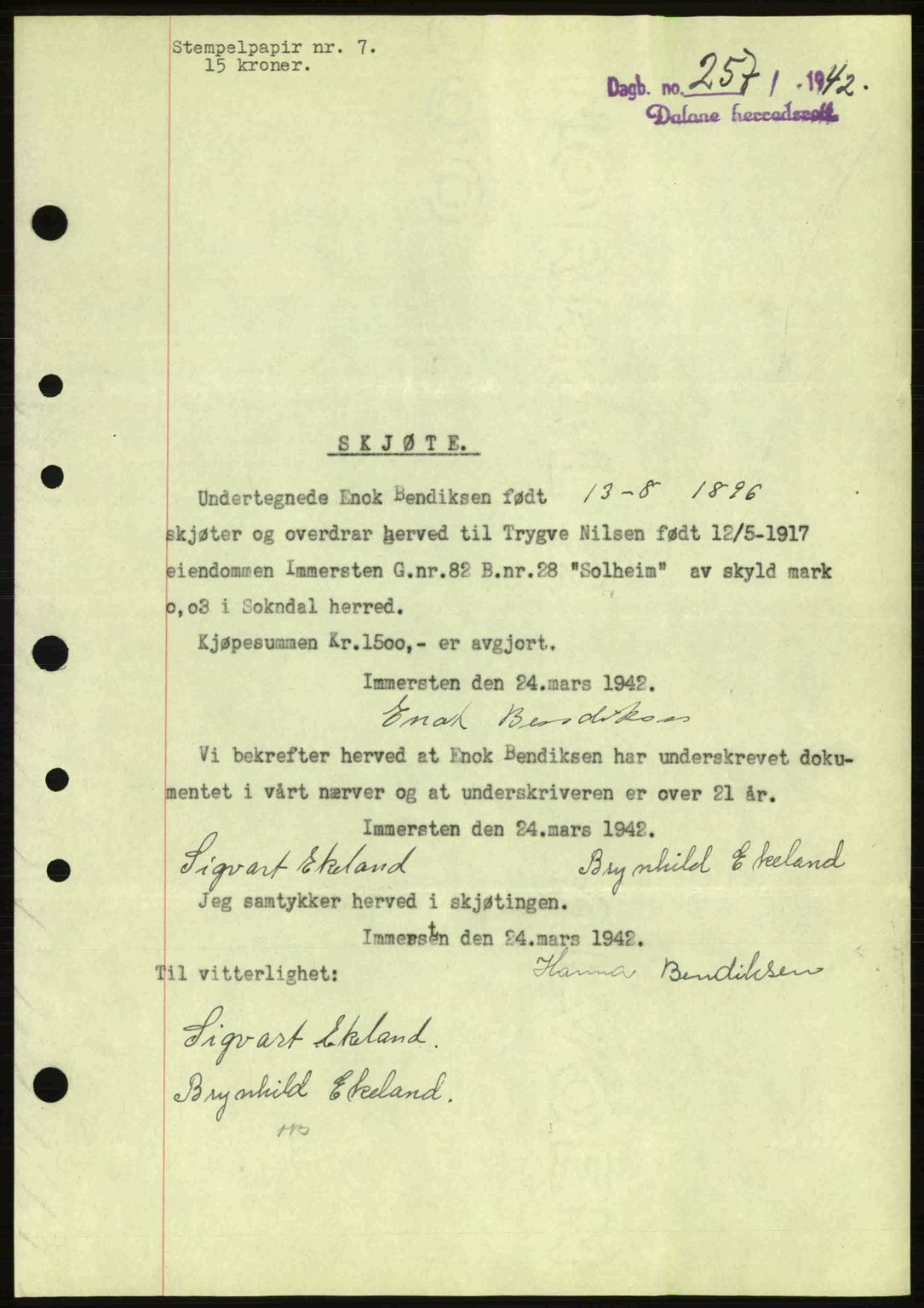 Dalane sorenskriveri, SAST/A-100309/02/G/Gb/L0045: Pantebok nr. A6, 1941-1942, Dagboknr: 257/1942