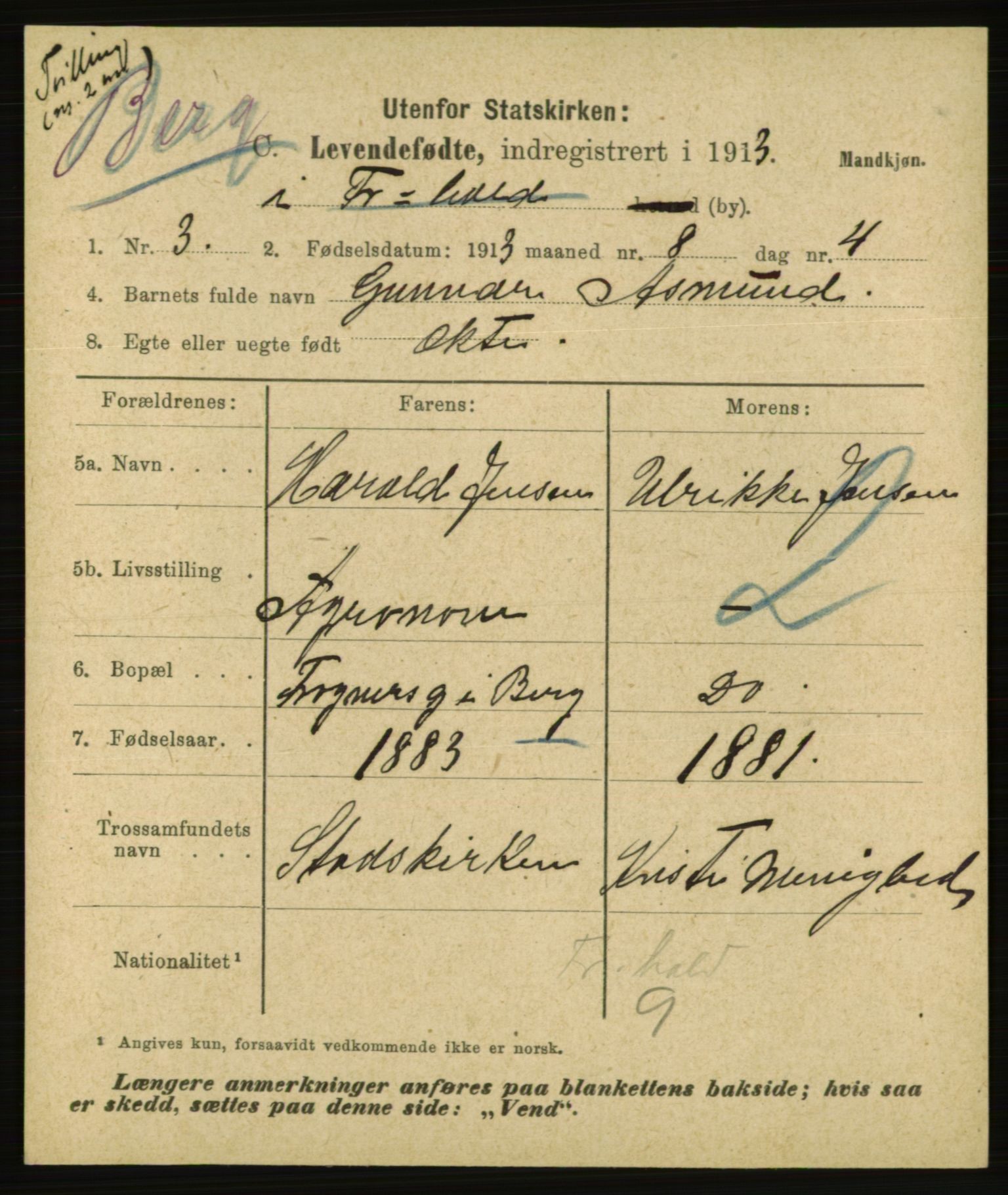 Statistisk sentralbyrå, Sosiodemografiske emner, Befolkning, AV/RA-S-2228/E/L0011: Fødte, gifte, døde dissentere., 1913, s. 7