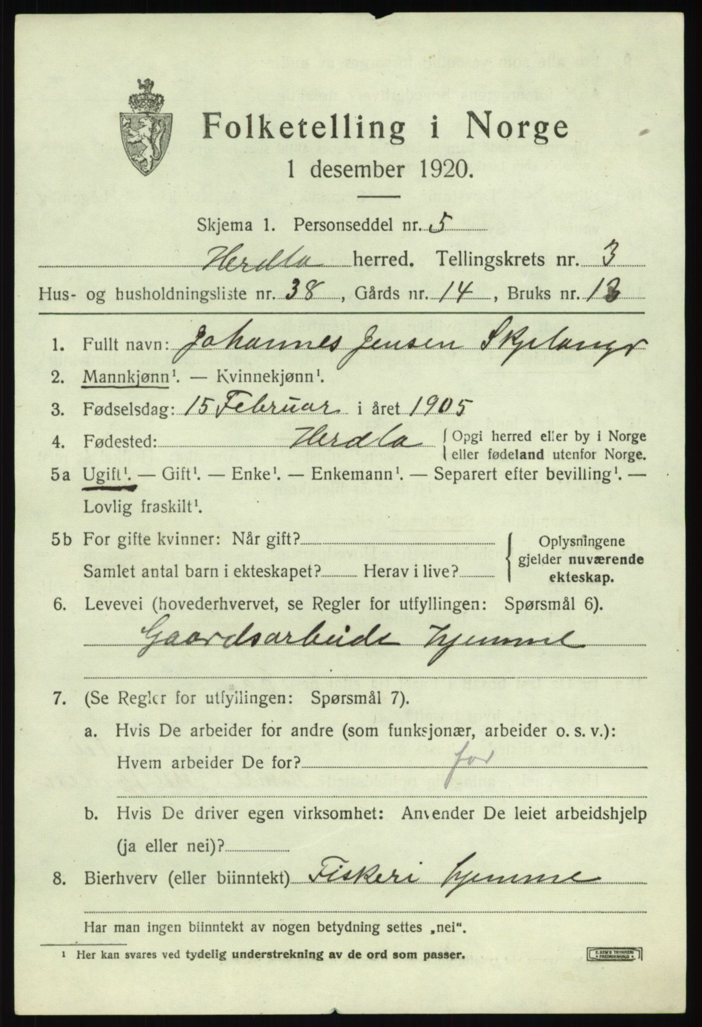 SAB, Folketelling 1920 for 1258 Herdla herred, 1920, s. 3297