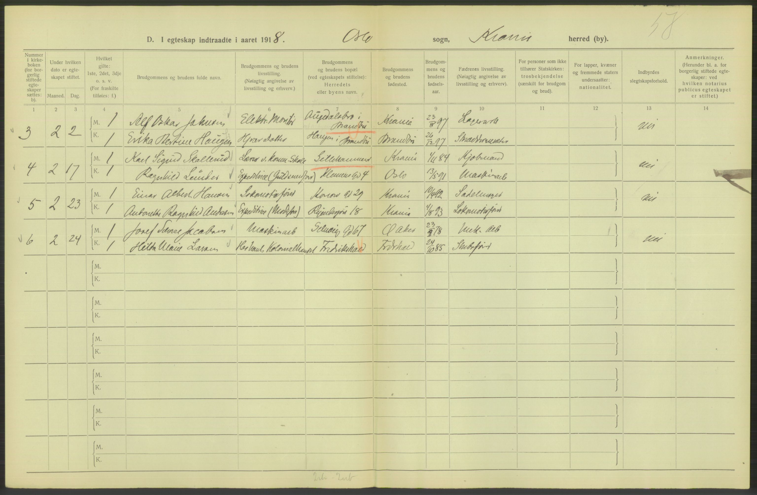 Statistisk sentralbyrå, Sosiodemografiske emner, Befolkning, AV/RA-S-2228/D/Df/Dfb/Dfbh/L0009: Kristiania: Gifte, 1918, s. 962