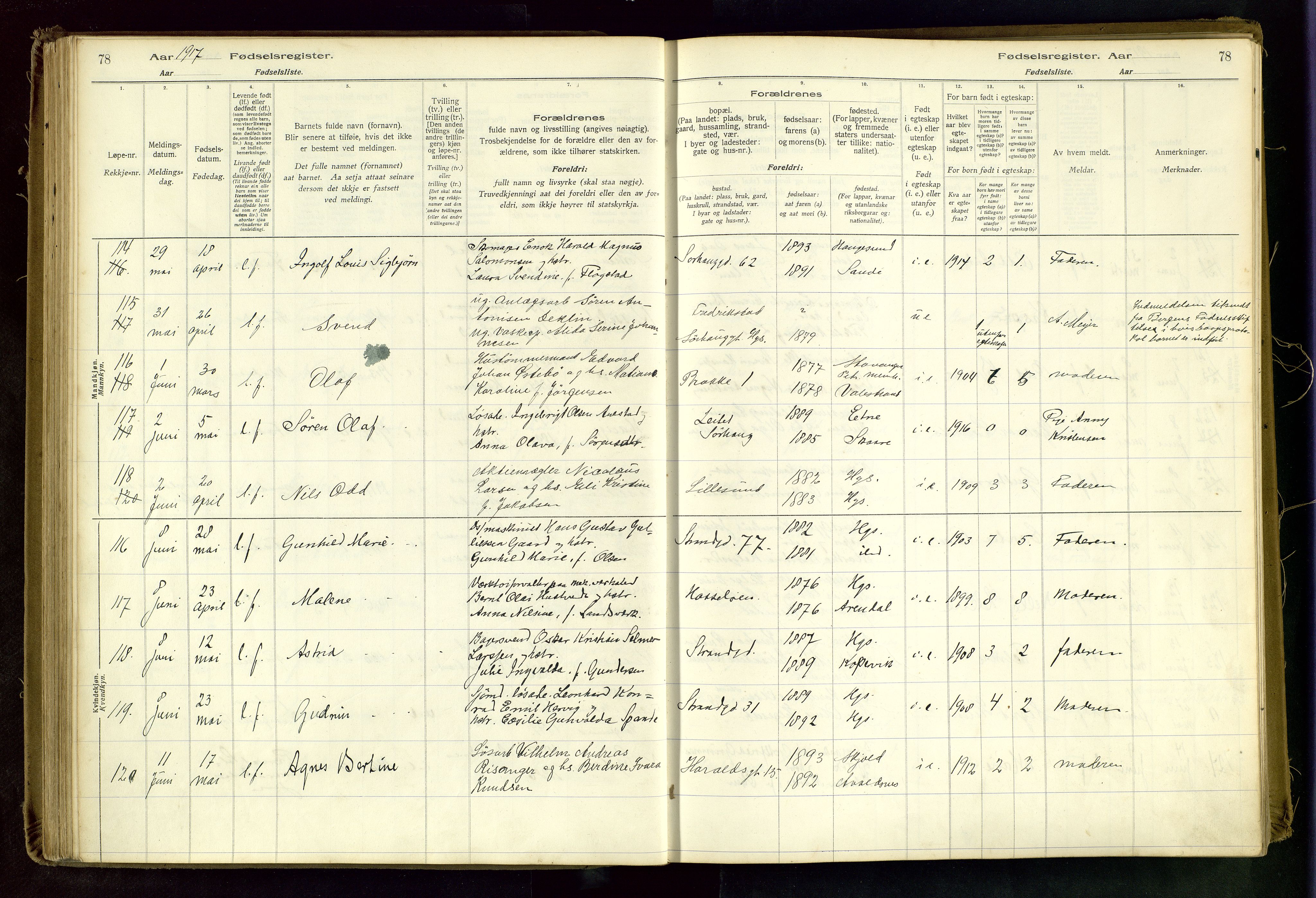 Haugesund sokneprestkontor, AV/SAST-A -101863/I/Id/L0003: Fødselsregister nr. 1, 1916-1919, s. 78