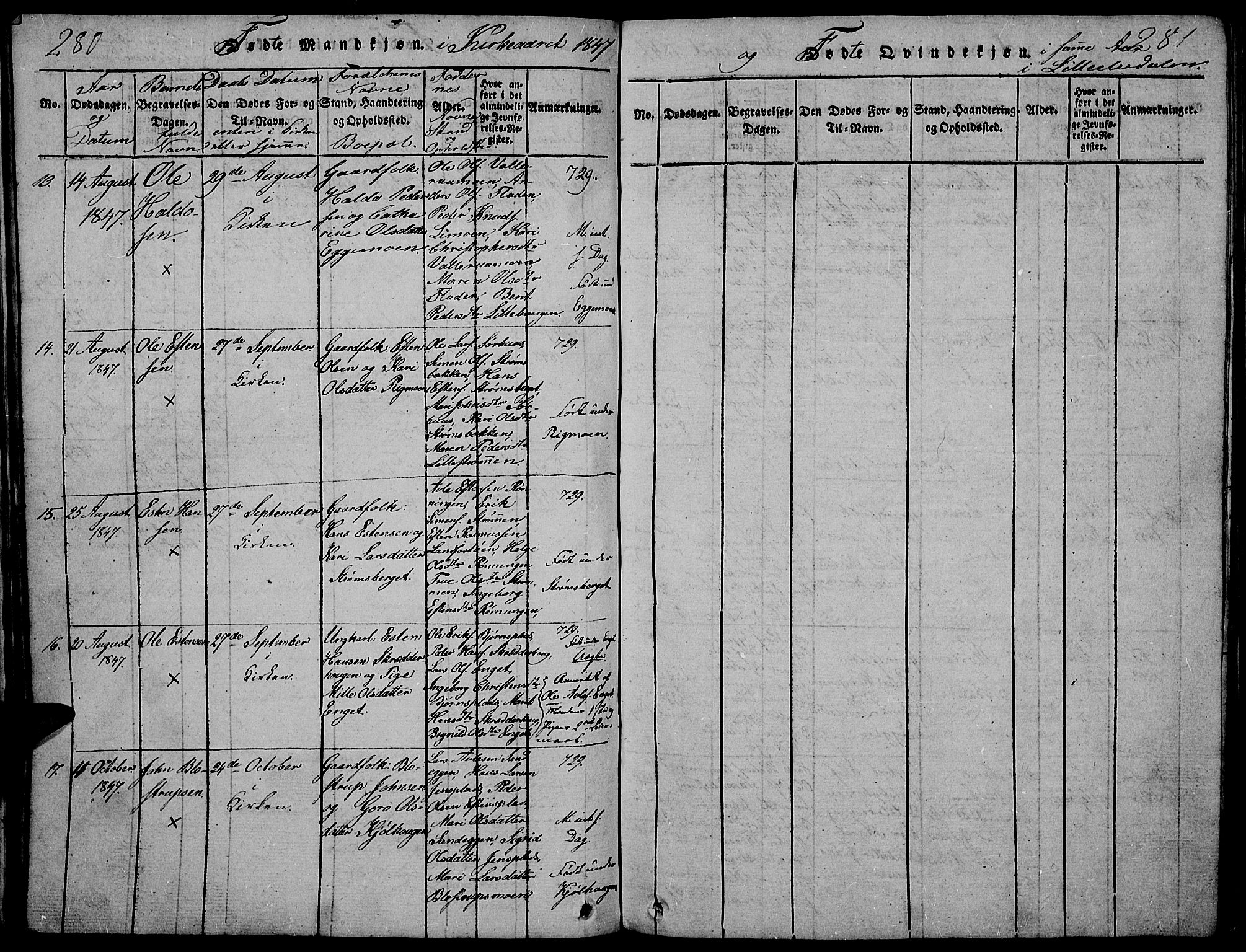 Tynset prestekontor, AV/SAH-PREST-058/H/Ha/Hab/L0002: Klokkerbok nr. 2, 1814-1862, s. 280-281