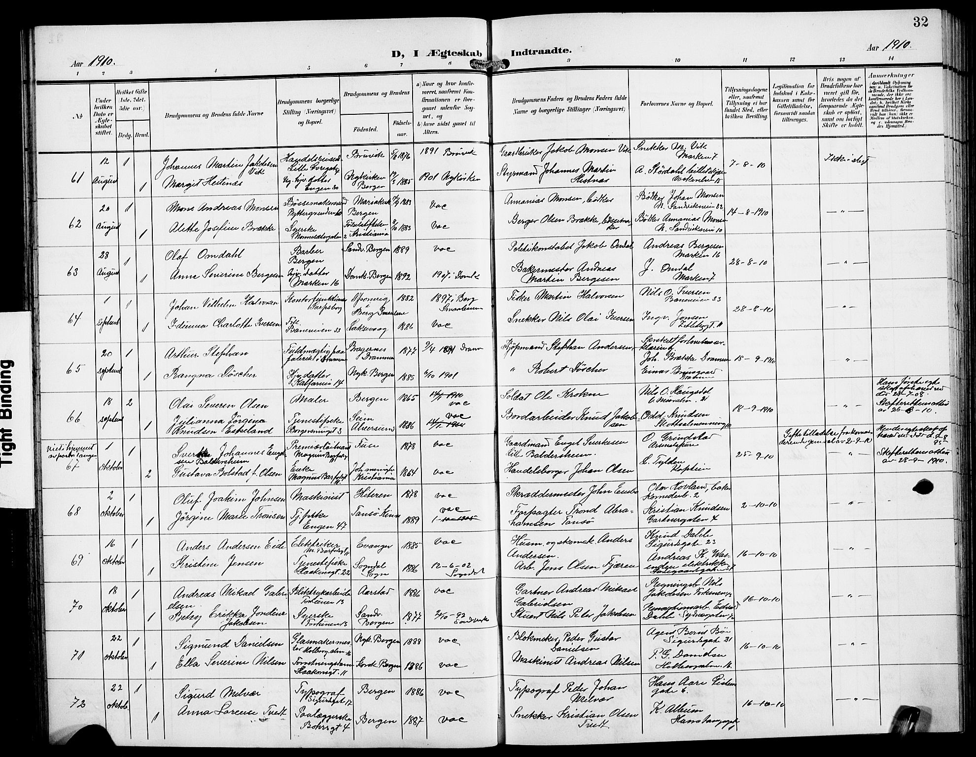 Domkirken sokneprestembete, AV/SAB-A-74801/H/Hab/L0033: Klokkerbok nr. D 5, 1907-1924, s. 32