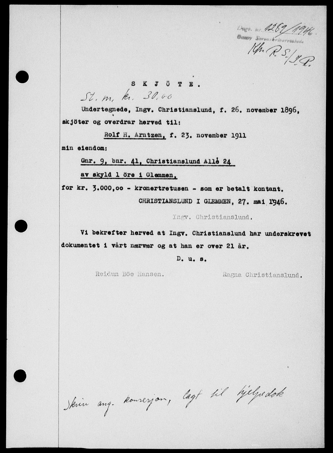 Onsøy sorenskriveri, SAO/A-10474/G/Ga/Gab/L0016: Pantebok nr. II A-16, 1946-1946, Dagboknr: 1289/1946